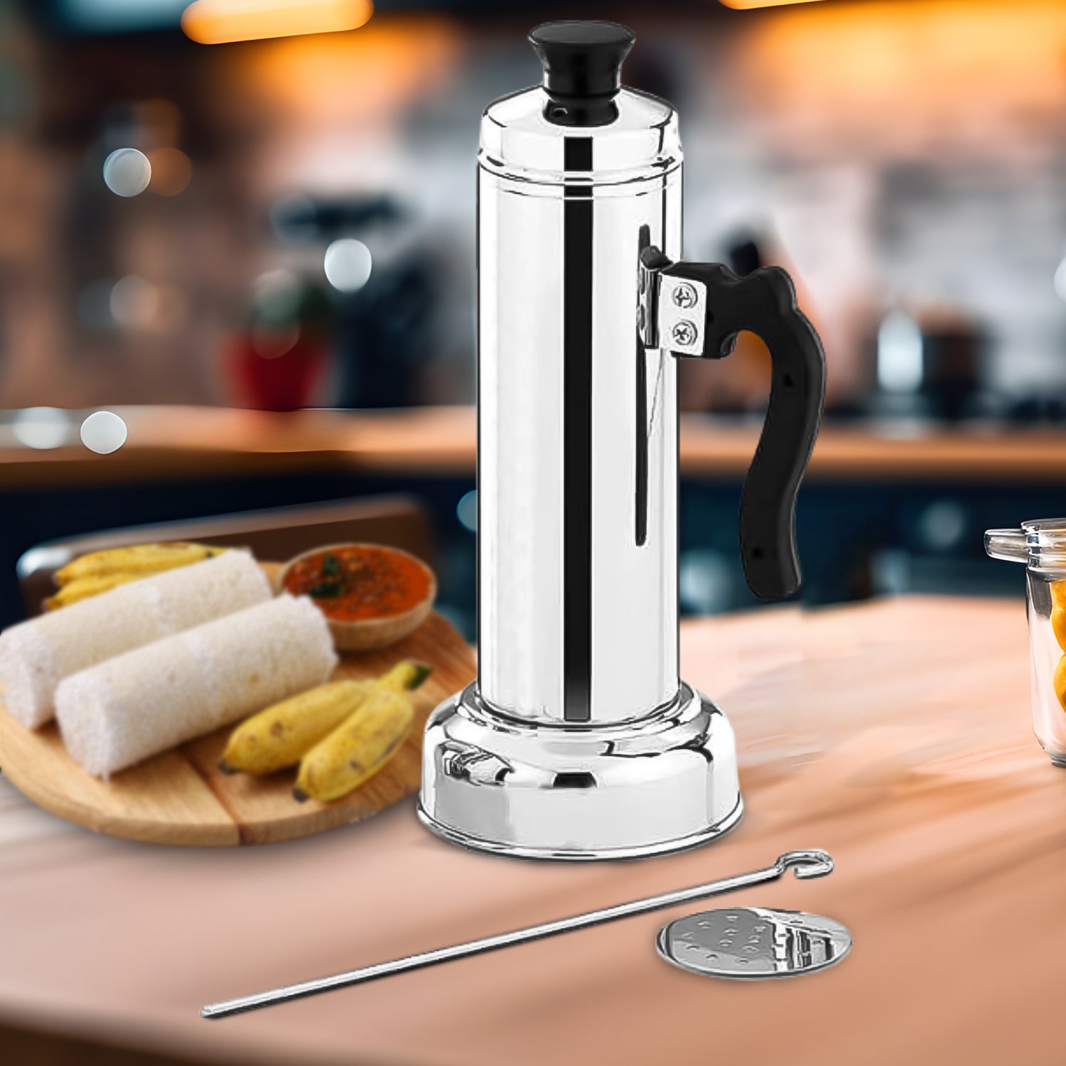01_3fbaeafb-c195-43f6-8cb6-9d3c441dc6b0.jpg Puttu Maker Set with Steamer Plate & Pressure Cooker Top, Stainless Steel - Image 1