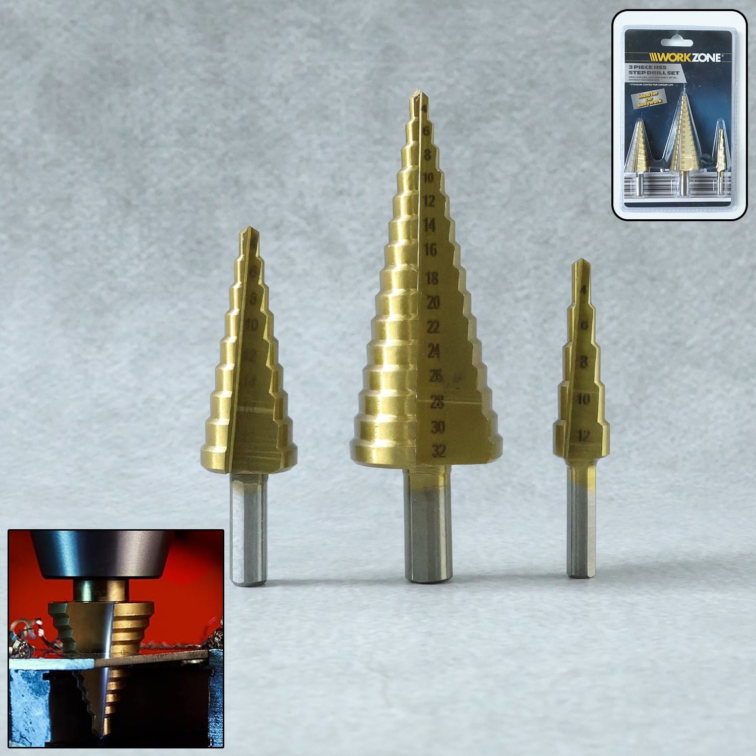 01_5a1e50d3-0cf2-464f-a1f7-61875622c548.jpg 3X Large HSS Steel Step Cone Drill Titanium Bit Set Hole Cutter (4-32, 4-20, 4-12mm) - Image 1