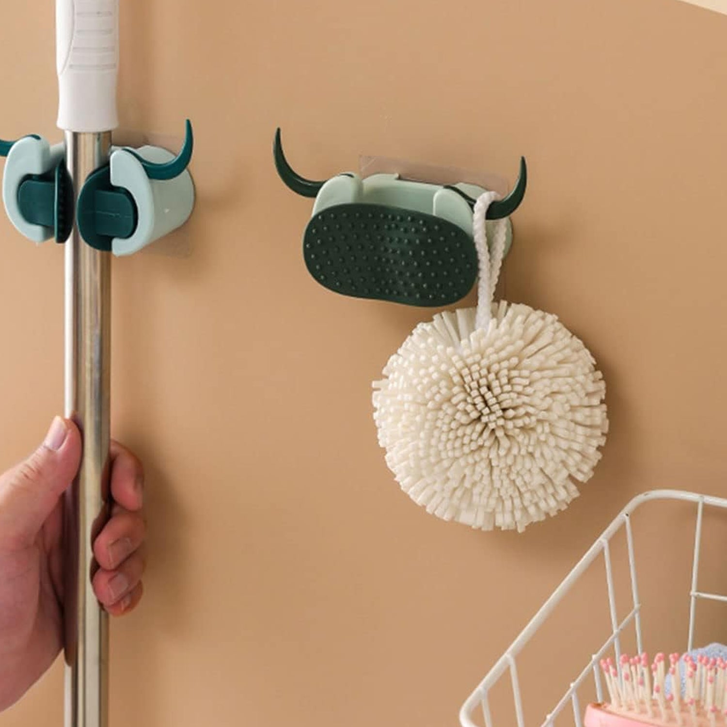 01_6ea11d09-b6e0-4aab-8a26-e385d9722758.jpg Multifunctional Cartoon Sticky Punch Free Mop Holder Wall Mounted Broom Organizer Cleaning Tools Holder Hanger, Self Adhesive Cute Cow Head Suction Cup Hanging Hook for Bathroom Kitchen (1 Pc) - Image 1