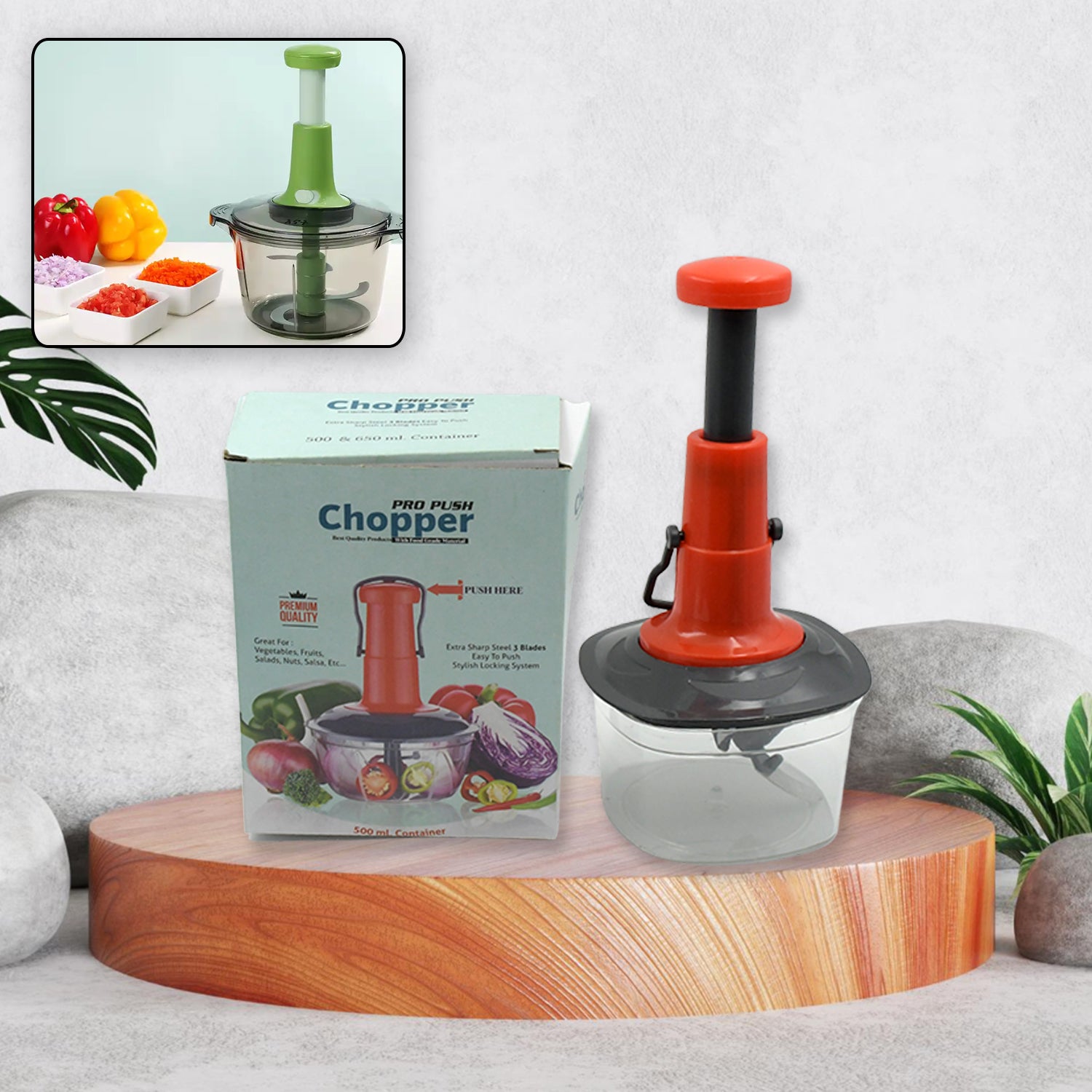 01_74e4e779-52c6-4b38-ad01-0b40c7be3045.jpg Manual Food Chopper (650ml): 3 Stainless Steel Blades, Locking System, Anti-Slip - Image 1