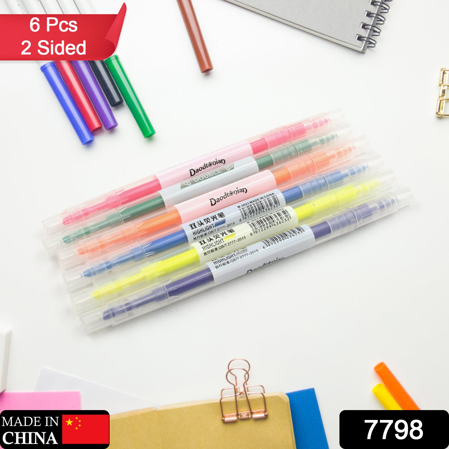 01_8009725c-bb02-45d8-a634-57d4b3f7c89d_1.jpg Dual-Headed Highlighter 6 Colors Pen for Classroom and office (6 Pc Set) - Image 1