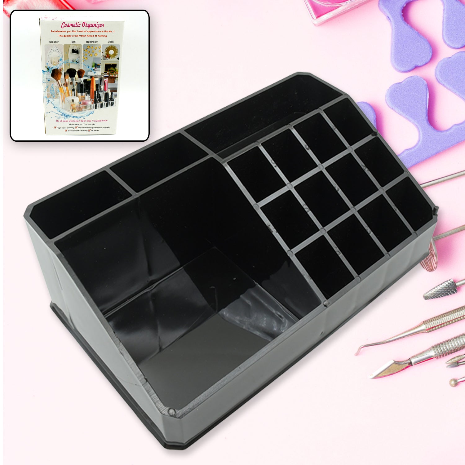 01_9b4ae855-a356-4c9a-9fba-c0773c31bd0d.jpg Cosmetic Organiser 16 Compartment Cosmetic Makeup Storage Organiser Box - Image 1