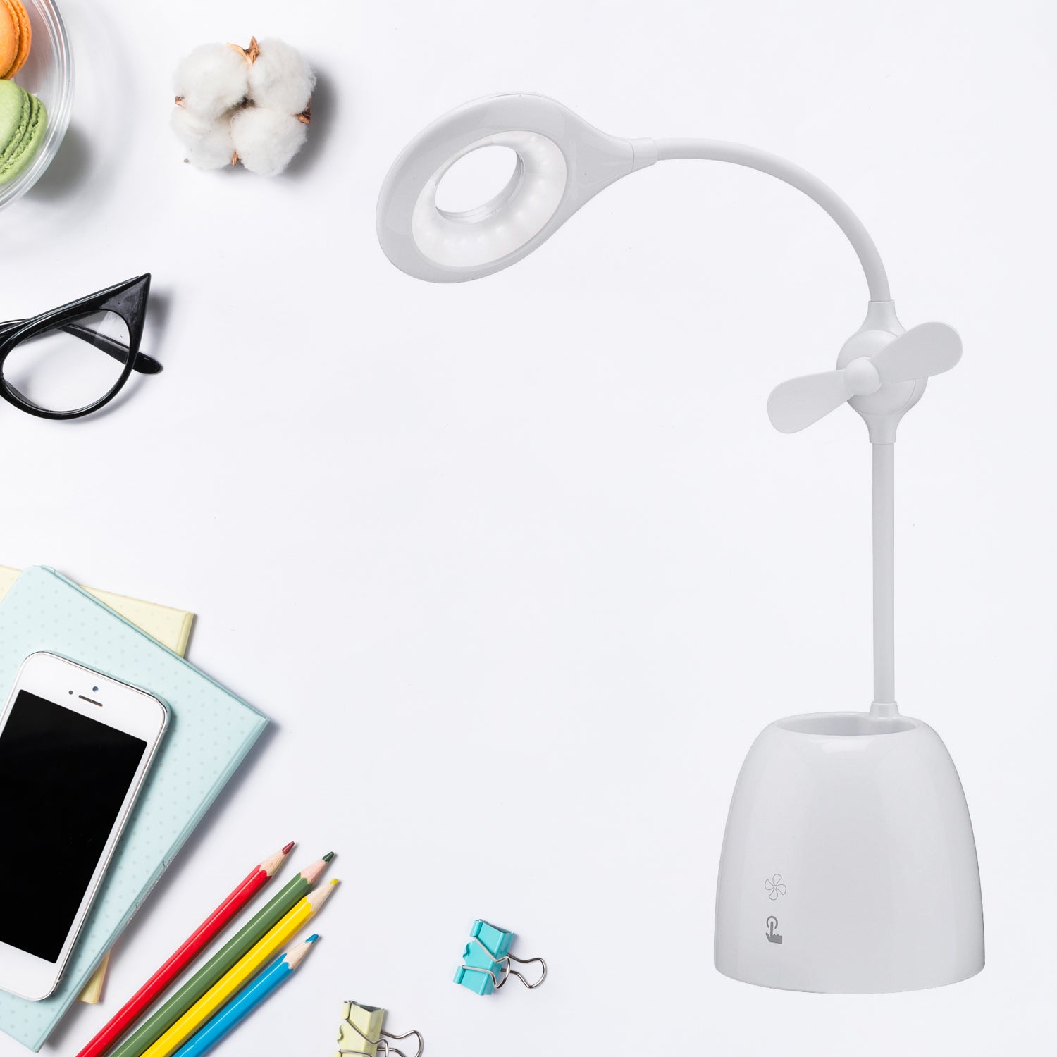 01_9b8c82ae-2133-4da0-b3d8-51105fc19928.jpg Rechargeable LED, LED Desk Lamp with Pen Container Fan, Interior Lighting for Study, Children's Room, Bedroom or Office, Perfect for Emergency, Study, Reading and Home USB Cable Included - Image 1