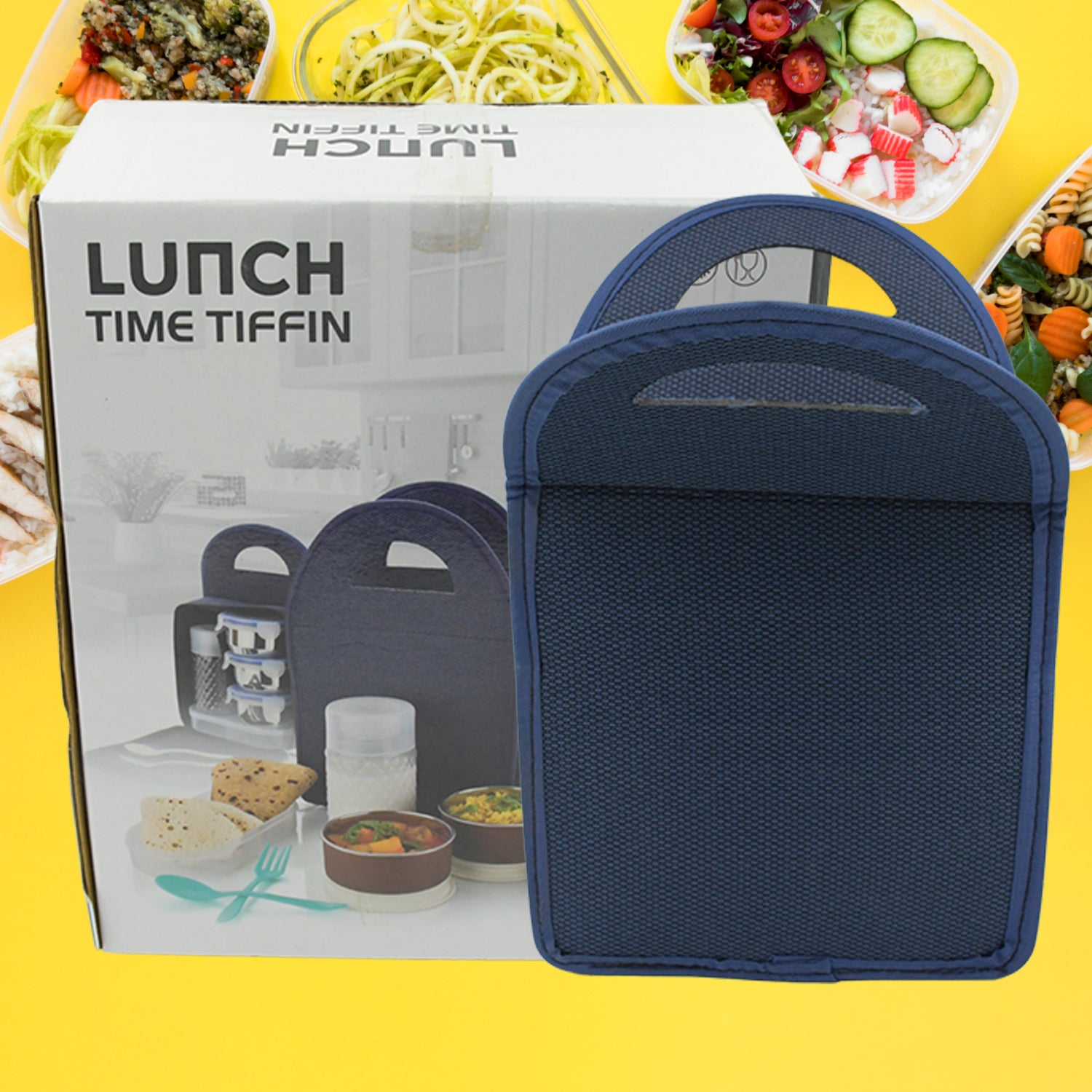 01_aa984dbb-3aed-48dc-bc4c-b8aa7923ae3d.jpg 6In1 Tiffin Box-Lunch Box | 3 Stainless Steel Containers | Plastic lid Box | Spoon & Fork /Plastic Bottle | Insulated Fabric Bag | Leak Proof | Microwave Safe for Office, College and School for Men, Women (6 pcs) - Image 1