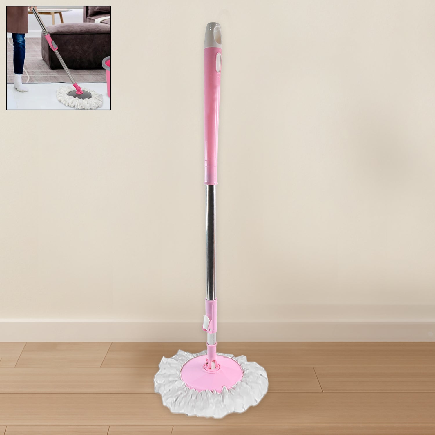 01_b00b16e1-fe5f-47ae-ae7f-981b236bb87a.jpg Stainless Steel 360° Rotating Mop with Microfiber Head & Adjustable Rod - Image 1