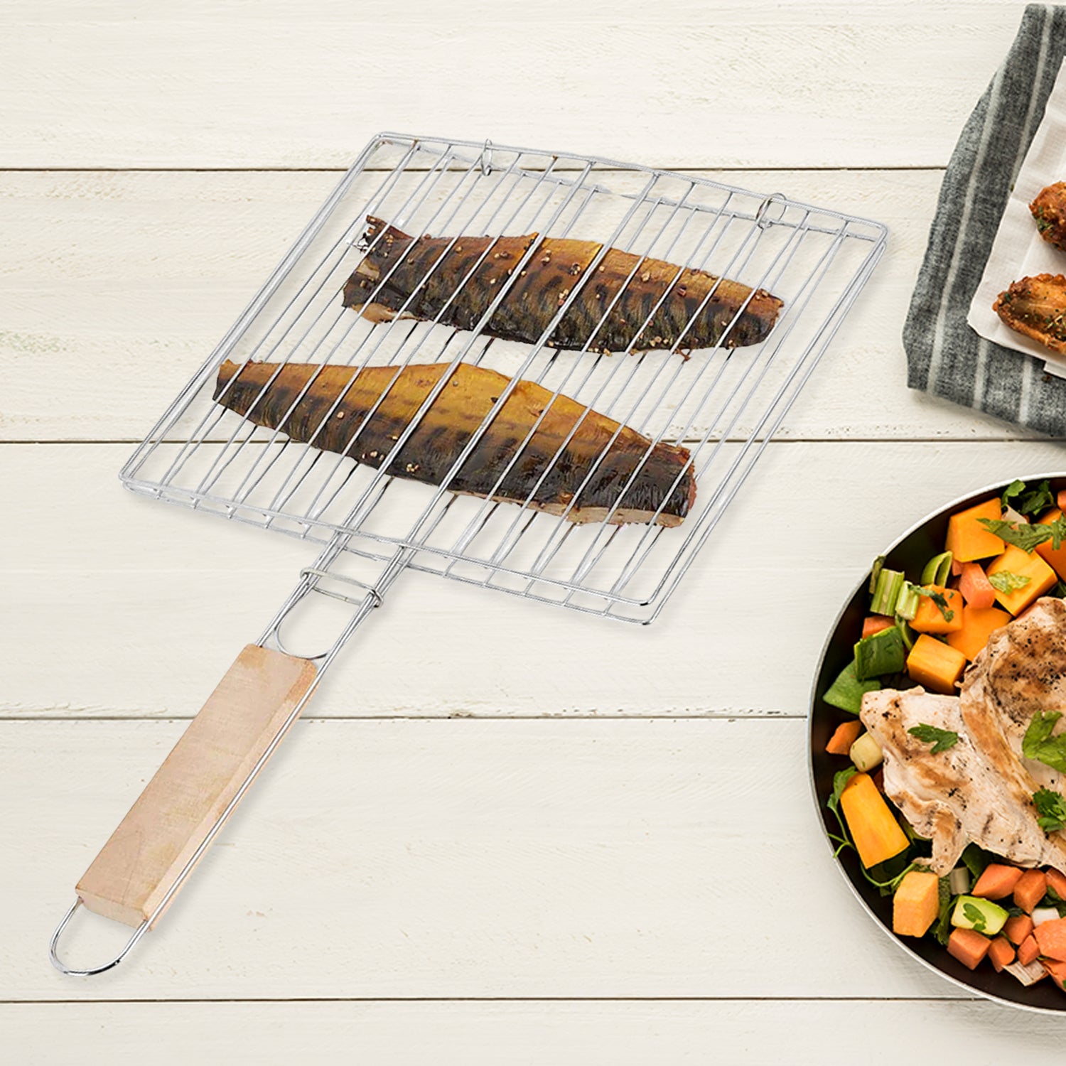 01_bb2651cc-22b5-40f8-b6f2-78dae0ef0f73.jpg Kitchen Square Roaster Grill Barbecue Grill with Wooden Handle - Image 1
