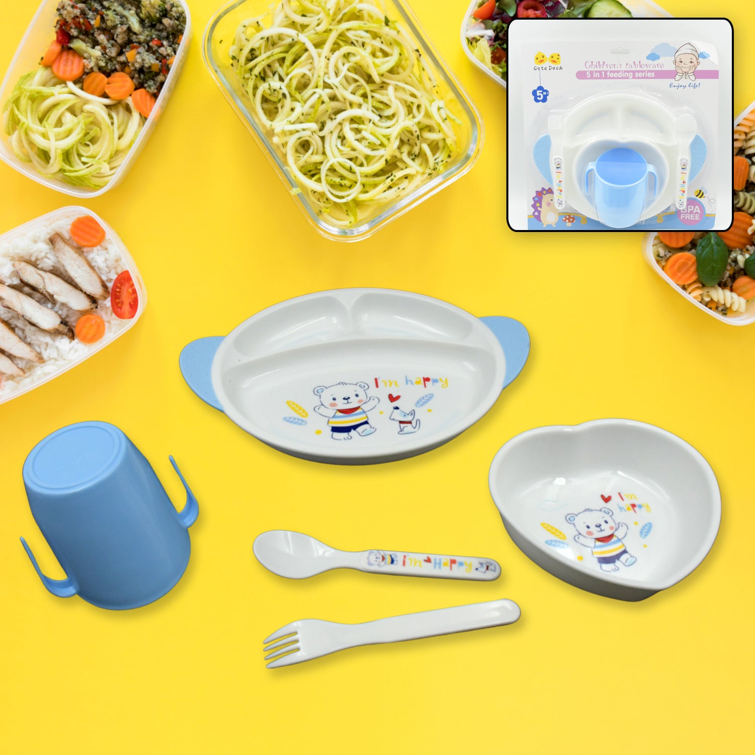 01_ca4719da-fa3e-4884-8cc4-2dc3d0797d6e.jpg 5in1 Baby Feeding Set for Kids and Toddlers,Children Children Dinnerware Set - Feeding Set for Kids, Cartoon Design Plate, Cup, Spoon, Fork Tableware Cutlery for Kids Microwave (5 Pcs Set) - Image 1