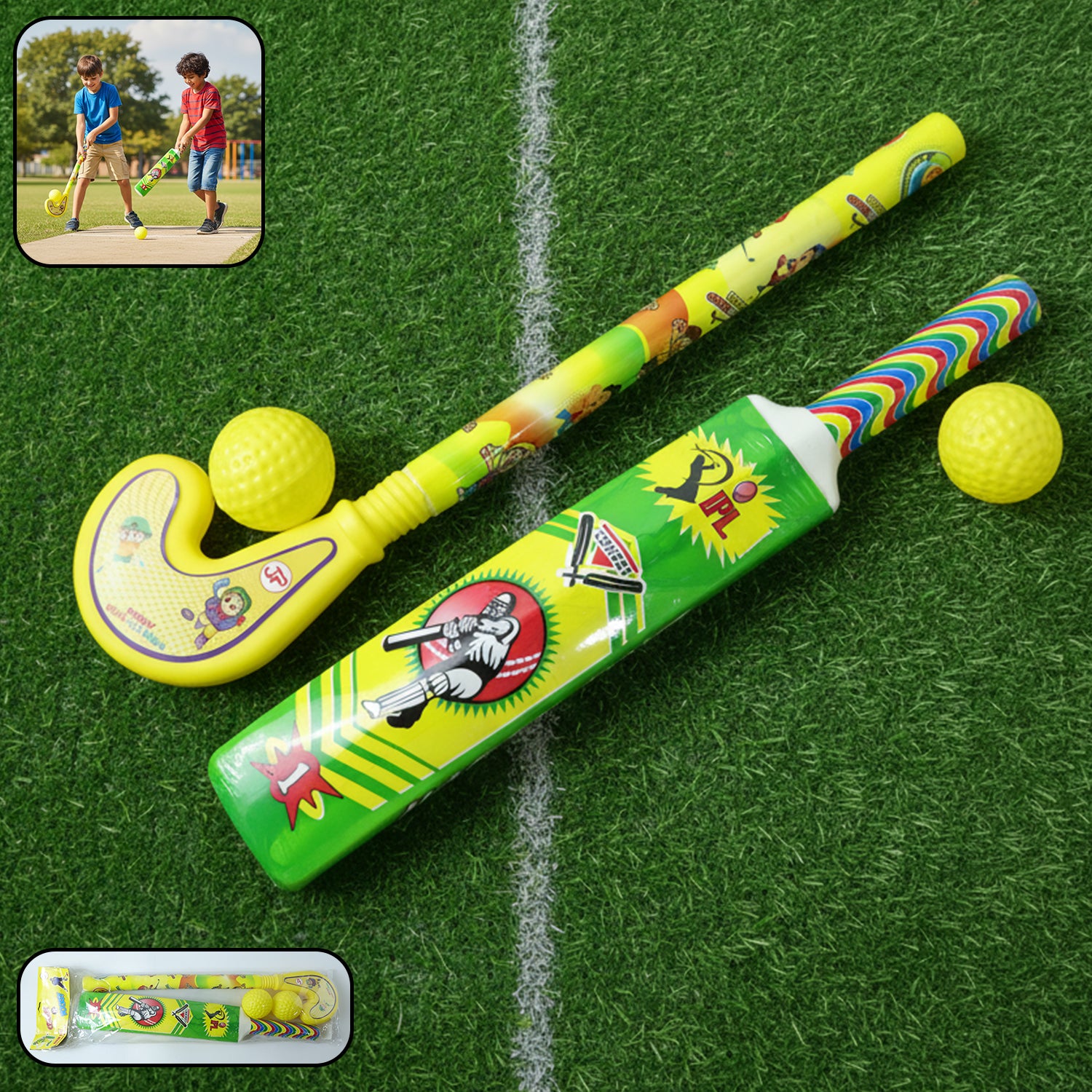 01_d23282e3-bf20-42df-83c7-2f82bf6b21da.jpg Combo of Light Weight Plastic Bat, Ball & Hockey for Kids, Boys, Indoor, Outdoor Play - Image 1