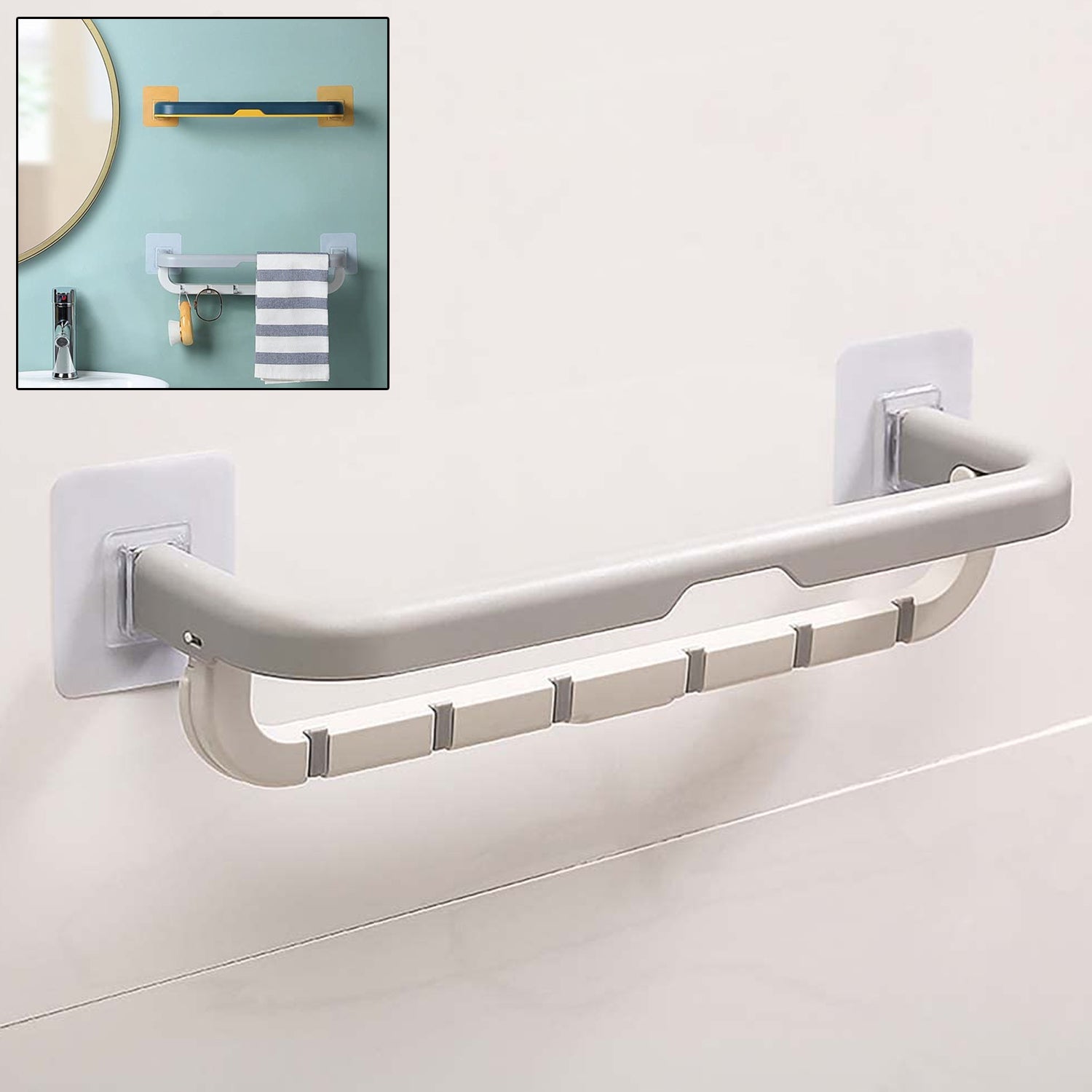 01_efc372fe-7cf6-48de-86bb-725bad8a4780.jpg Wall-Mounted Double Bar Towel Holder with Hooks & Adjustable Folding Shelf - Image 1