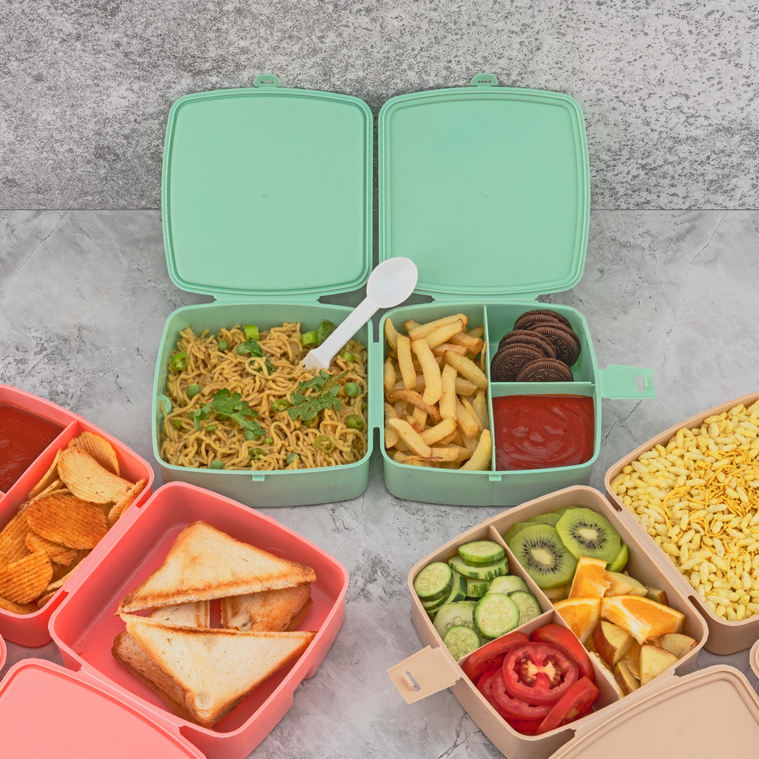02_57e8f1c2-649d-4a0a-a0cd-a56f6a12d768.jpg Double-Layer Square Lunch Box with Spoon , 4 Compartment Tiffin & Push Lock - Image 1