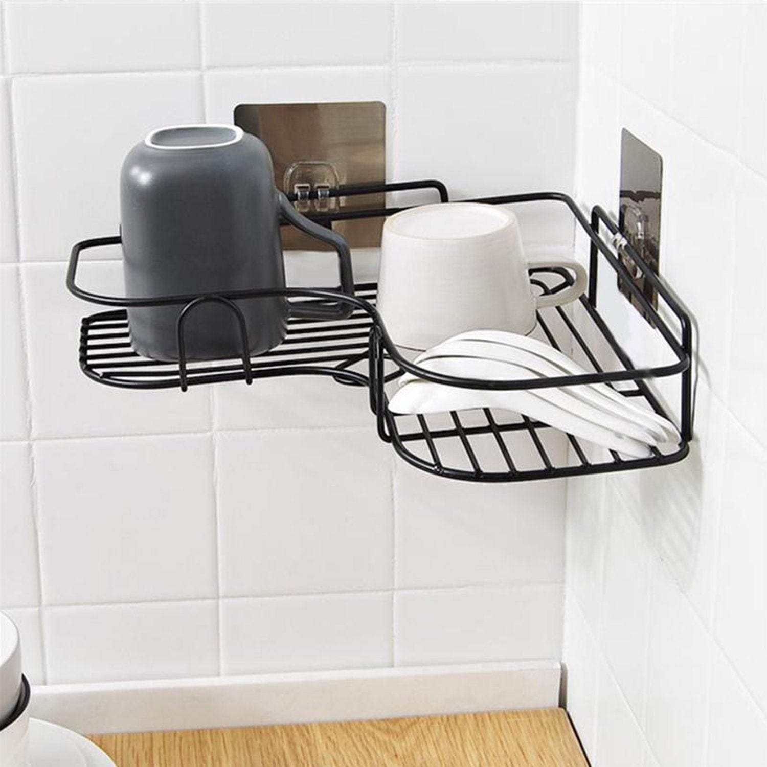 02_687e1f4c-362e-4b38-b160-95d4962031d9.jpg Self-Adhesive Kitchen-Bathroom Corner Shelf Organiser Storage Rack - Image 1