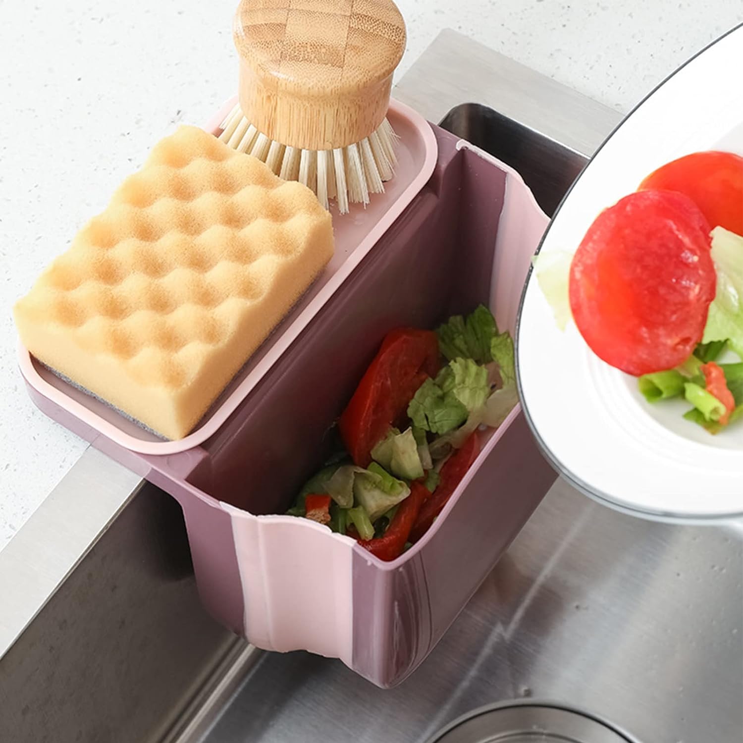 02_7d9fb268-566a-4f23-b302-601606912a3d.jpg Small Multifunction Sink Drain Basket - Universal & Foldable - Sink Trash Holder Sink Side Storage Drainer Strainer Basket, Foldable Kitchen Sink Drain Strainer for Food,Dish Drainer for Fruits, Vegetables - Image 1