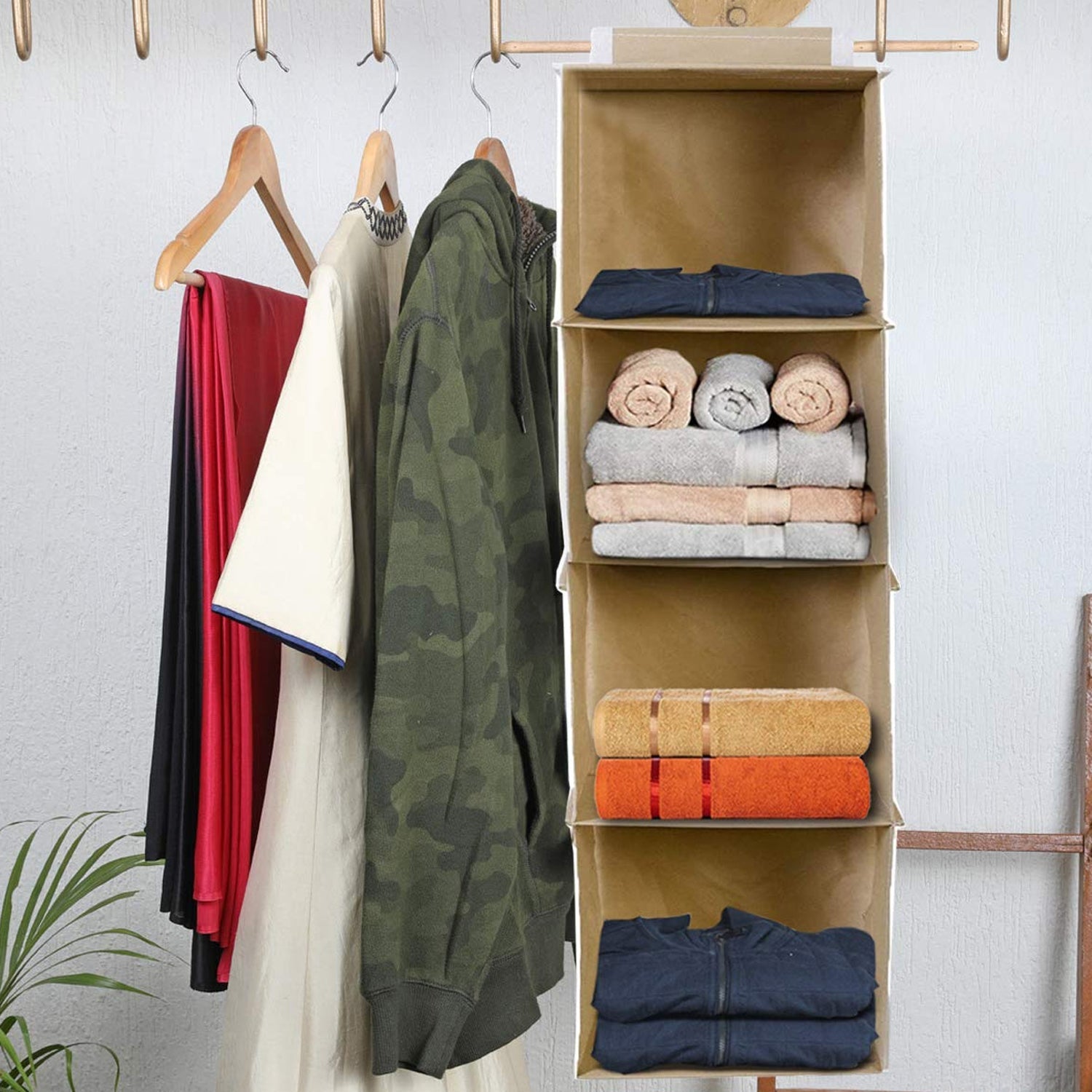 03_911685c5-c00f-4ef3-ab01-b4027866e782.jpg Fabric Hanging 4-Shelf Closet Cloth Organizer - Image 1