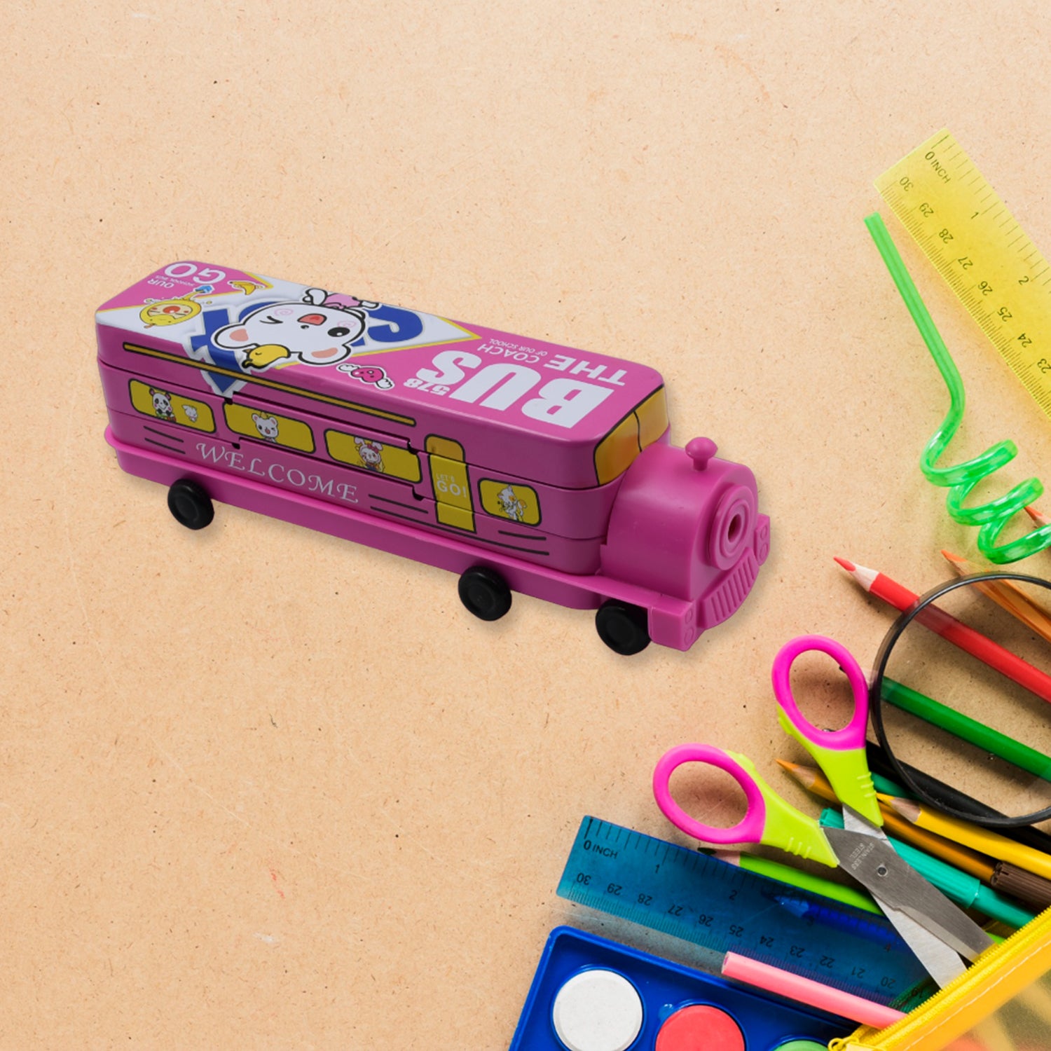 03_9bb285ed-a75a-4f6e-b336-217ab4e5c1de.jpg Double Decker Metal Bus Compass Case – 2-Layer Movable Wheels & Sharpener for Kids - Image 1