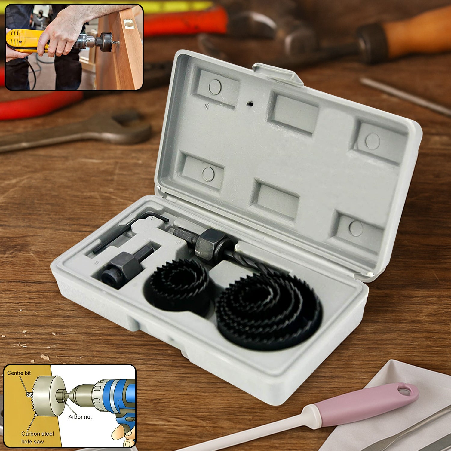 0428_holesaw11pc.jpg Wood Hole Saw Cutting Set (11 pcs, 19-64mm, Multicolour) - Image 1