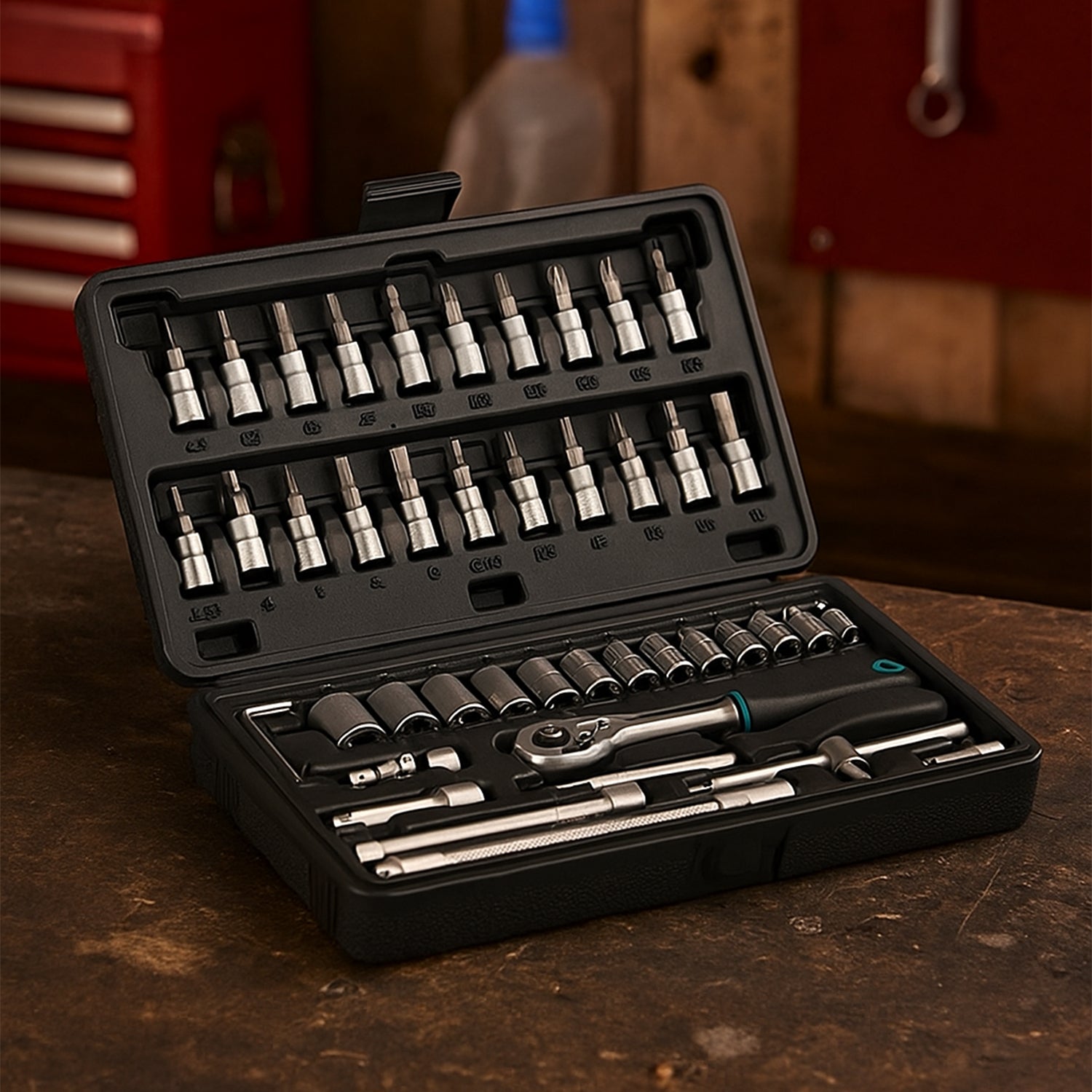 0452_b1f1c4e1-adb2-4f8f-9d49-9276bc00dd67.jpg 46pcs Metal 1 / 4"" Socket Set (Black, 46pcs) - Image 1