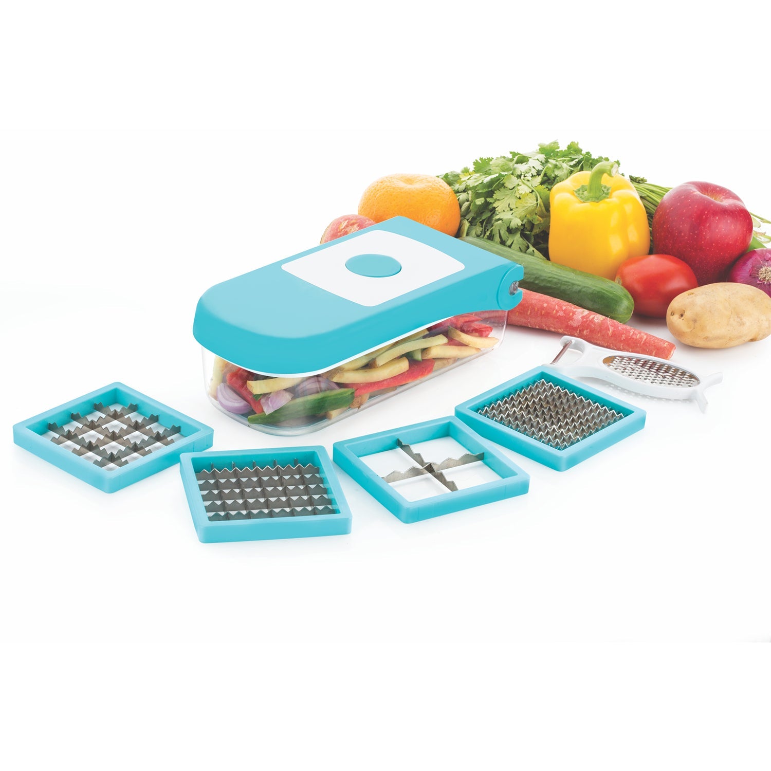 04_0236c52b-0f55-4466-ad51-0f48d997ca6b.jpg Ganesh 7 in 1 Plastic Vegetable Dicer, Blue - Image 1
