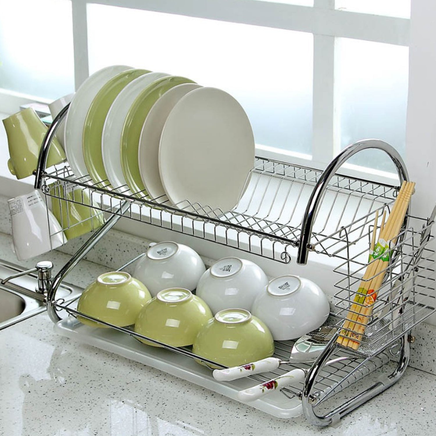 05_c805d426-a421-40b5-8f62-6f720d7e0c1b.jpg Stainless Steel 2 Layer Kitchen Dish Rack / Plate Cutlery Stand - Image 1