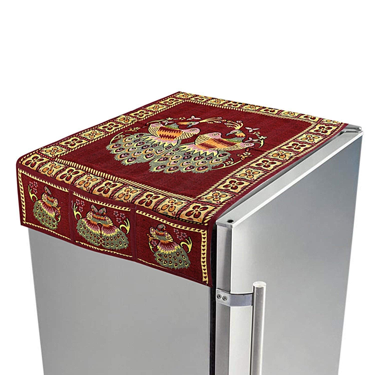 06_37114a2a-3ca0-4fa9-90e1-fda5208bdb0b.jpg Cotton Fridge Top Cover with Side Pockets for Home Decor (100×60 CM) - Image 1