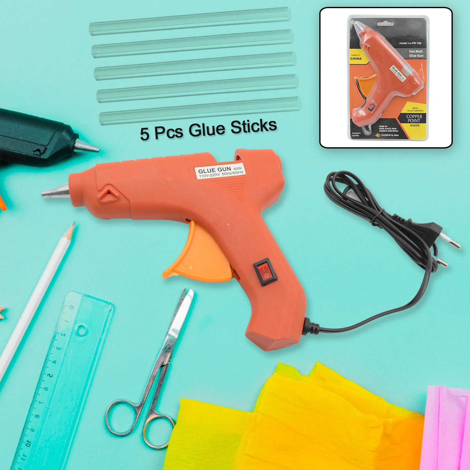 06_d9840a90-01ff-4e0a-bdce-401831bf011a.jpg Professional 60 Watt Hot Melt Glue Gun with 5 Glue Sticks & On/Off Switch - Image 1