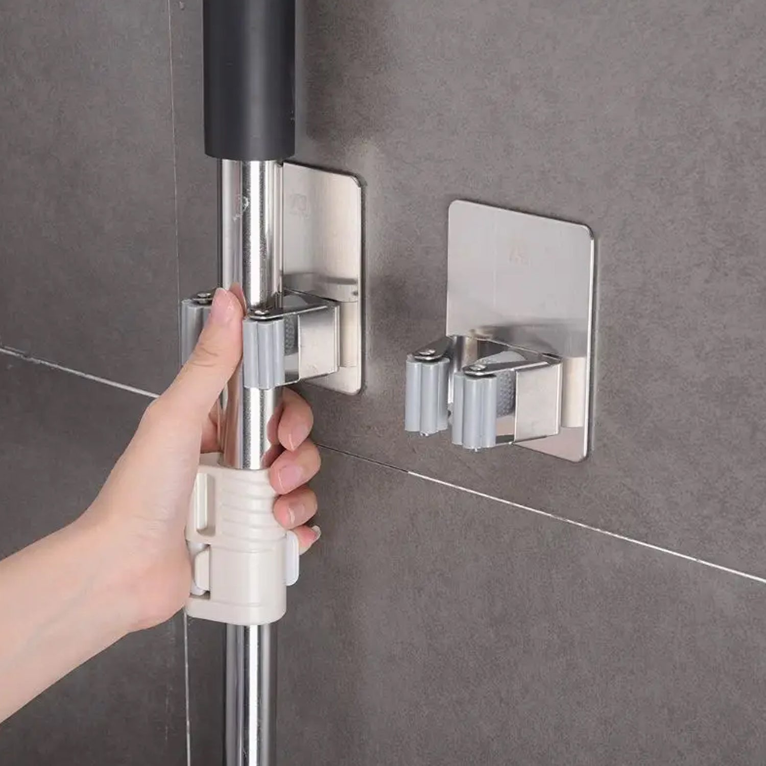 09_00726831-19ab-4c48-886d-a85f5768aeab.jpg Stainless Steel Mop Broom Holder Organizer, With Glue 6gm Adhesive Wall Mounted Mop Organizer Storage Rack Clip Heavy Duty Broom Hanger for Laundry Room Garden Tool Holder Bathroom Accessories (1 Pc) - Image 1