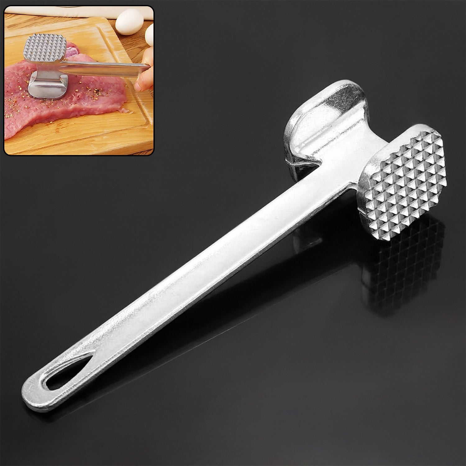 1595_meat_hammer_200gm.jpg Double Sided Beef Steak Mallet (Aluminum): Meat Tenderizer Hammer - Image 1