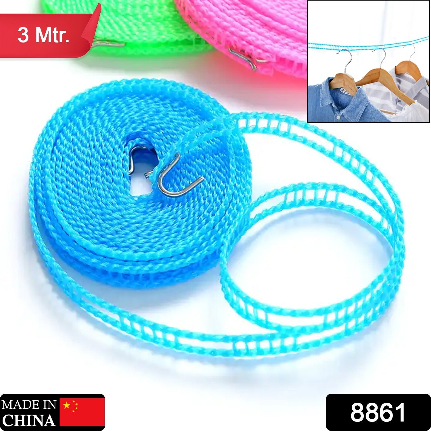 19a96f38-cb6e-41b3-8a0f-a9e349eaf779.jpg 3 Meter Anti-Slip Clothesline Rope - Nylon, Hooks, Indoor/Outdoor - Image 1