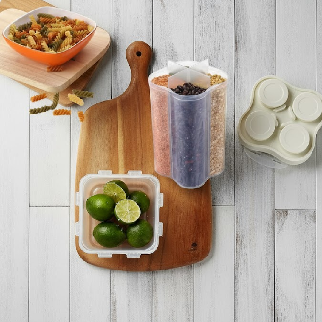 20445.png Plastic Lock Food Storage 4 Section Container Jar for Grocery, Fridge Container. - Image 1