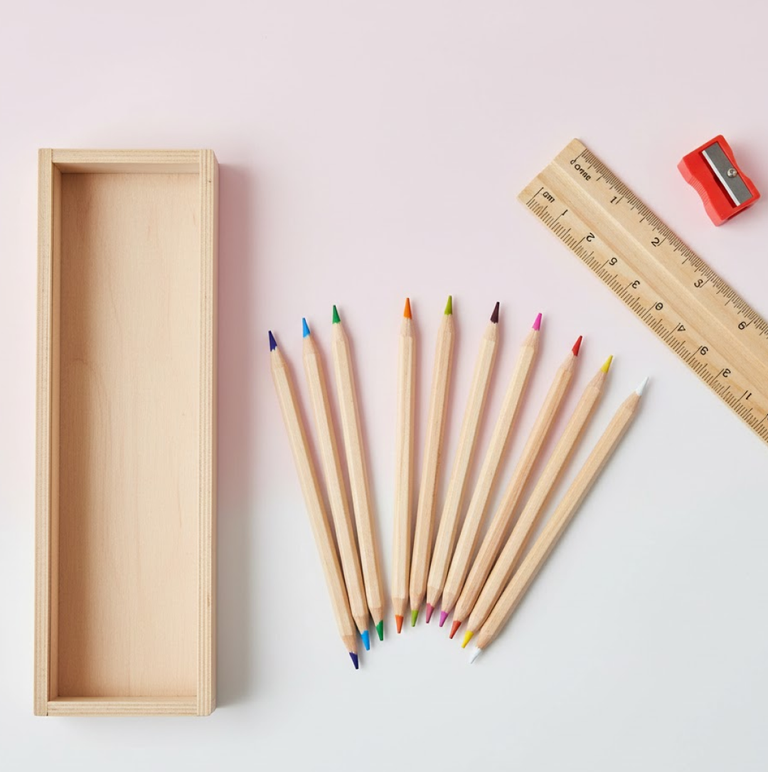 2092621734.png Colorful Wooden Pencil Set with Pencil box, Ruler, Sharpener (12 Pcs Set) - Image 1