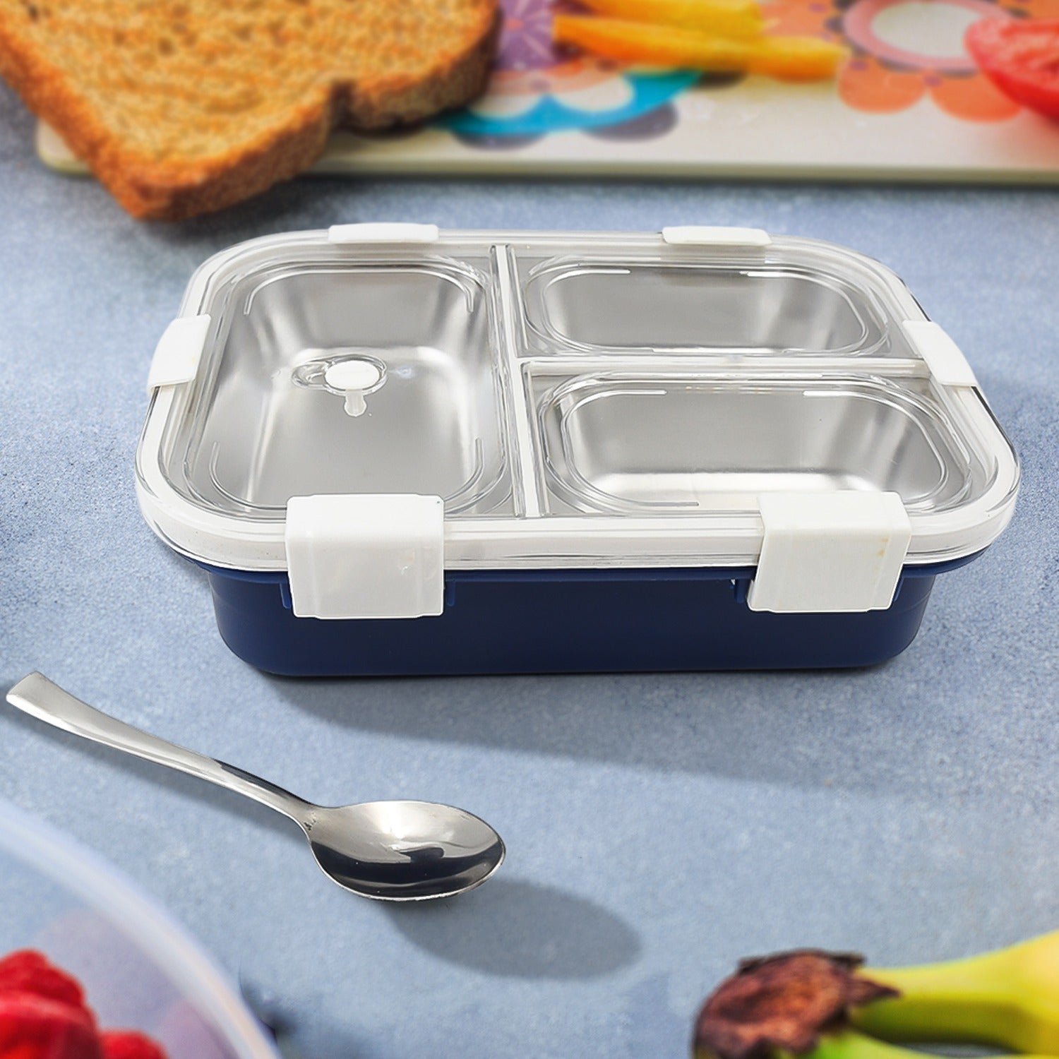 24cfbf83-d976-430c-9d07-5abf28ddc2b6.jpg 3 Compartment Transparent Stainless Steel Lunch Box for Kids, Tiffin Box, Lunch Box, Lunch Box for Kids, Insulated Lunch Box, Lunch Box for Office Women and Men, Stainless Steel Tiffin Box for Boys, Girls, School Office (Multi Color) - Image 1