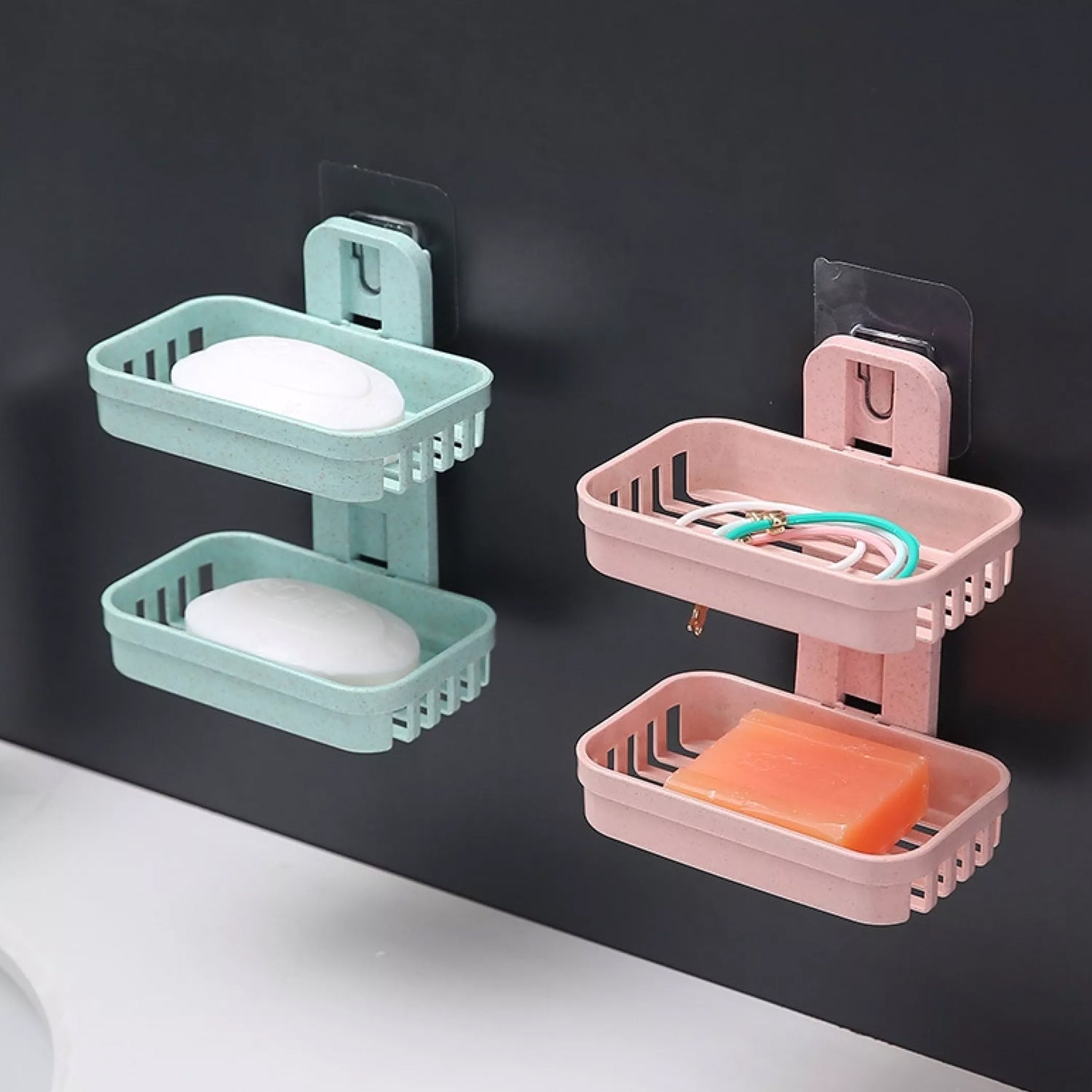 2image_44adde2a-bec9-4490-ba34-ccef48ebc727.jpg Plastic Double Layer - Soap Stand, Holder, Wall Soap Box Sturdy Vacuum Dispenser Tray - Image 1