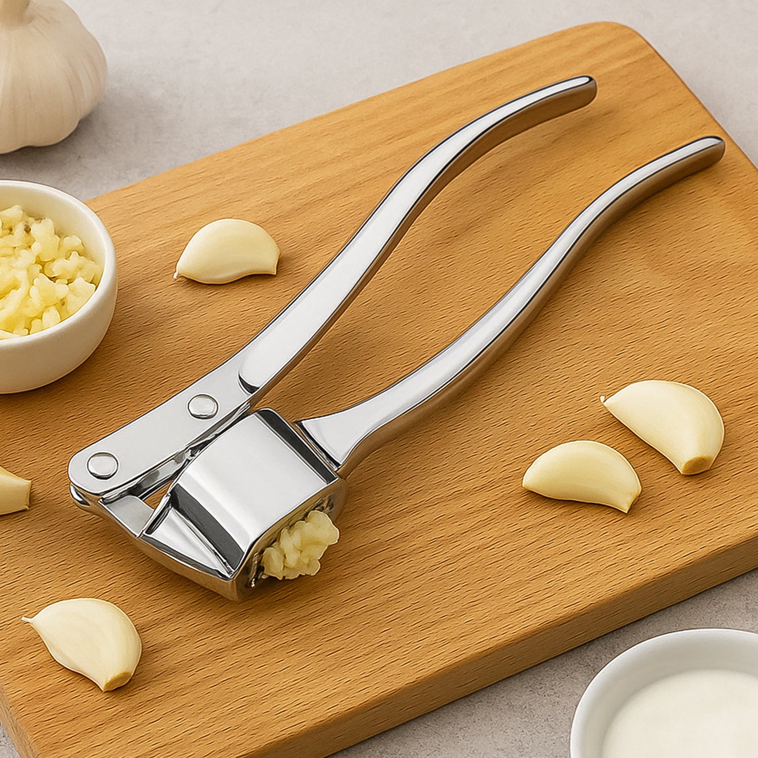 3042_ss_garlic_press.jpg Stainless Steel Garlic Press Crusher ,Crusher ,Squeezer ,Masher ,and Lemon Juicer - Image 1