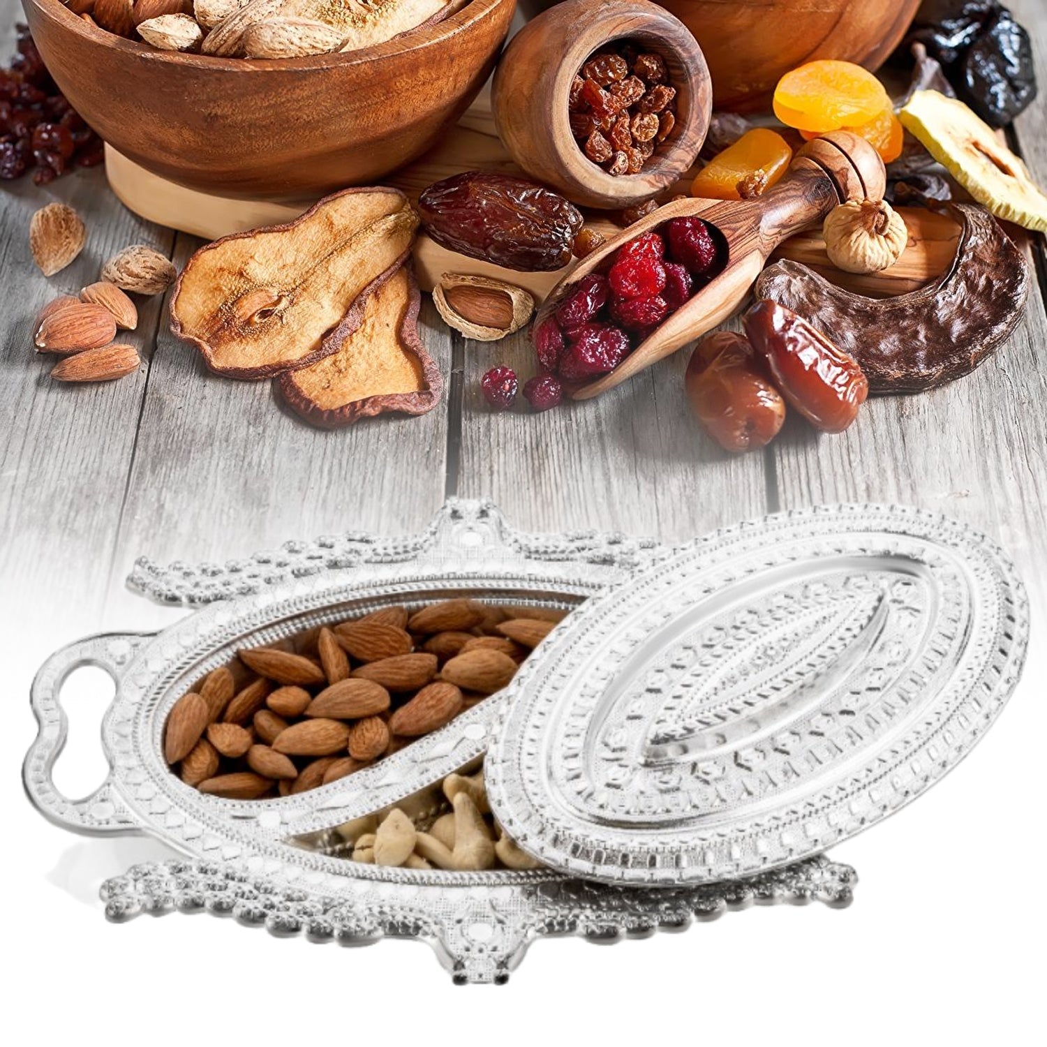 3_bf49ca67-2fa2-4853-8d09-0462831794cd.jpg Plastic Peacock Dry Fruit Silver Finish Serving Tray - Image 1