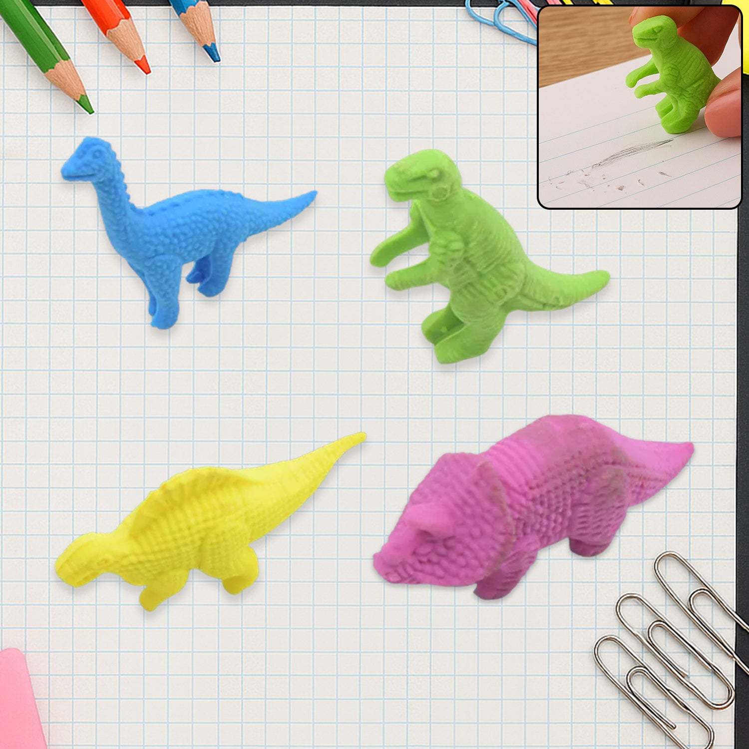 4310_dinosaur_erasers_4pc_set.jpg Small Dinosaur Shaped Erasers (4 Pc): Animal Erasers for Kids (School Supplies) - Image 1