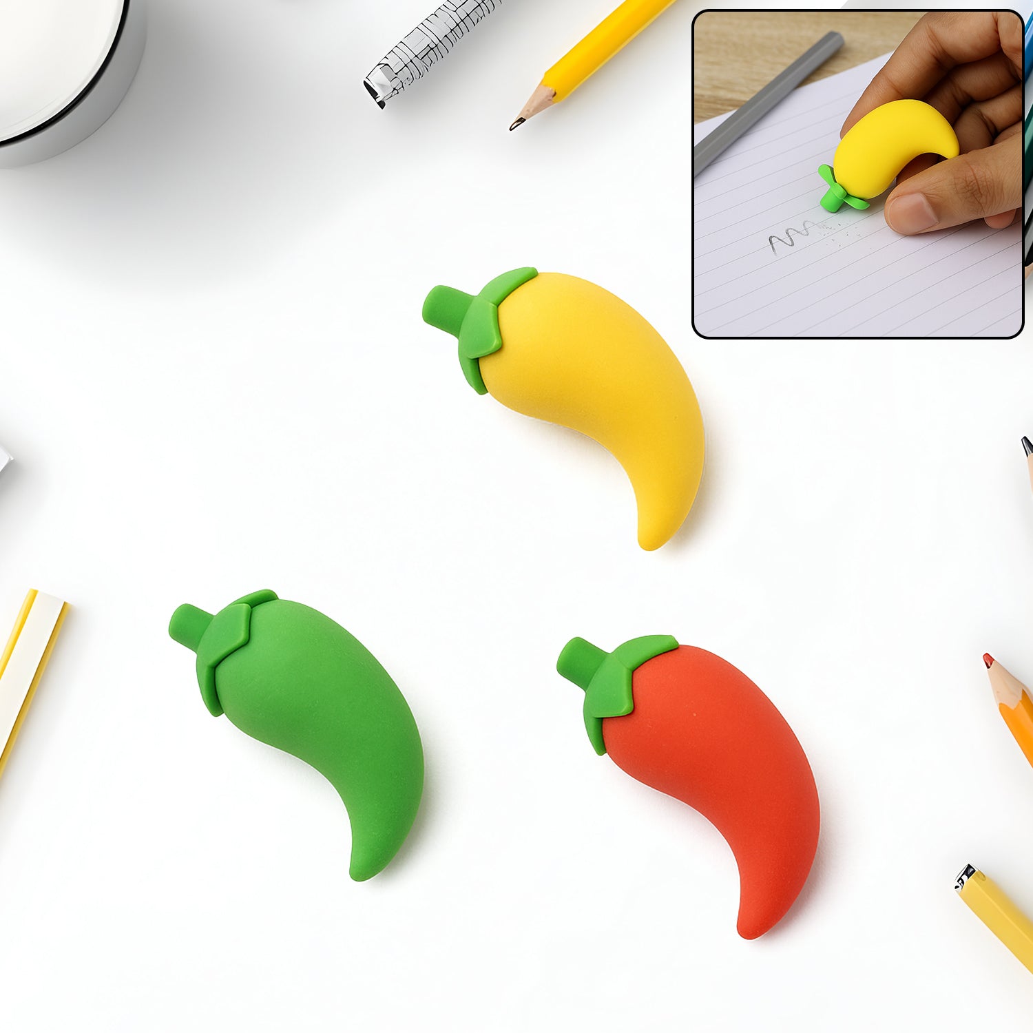 4626_chili_erasers_3pc_set.jpg 3D Fancy Colorful Chili Shape Erasers – Mini Novelty Eraser Set (3 Pc) - Image 1
