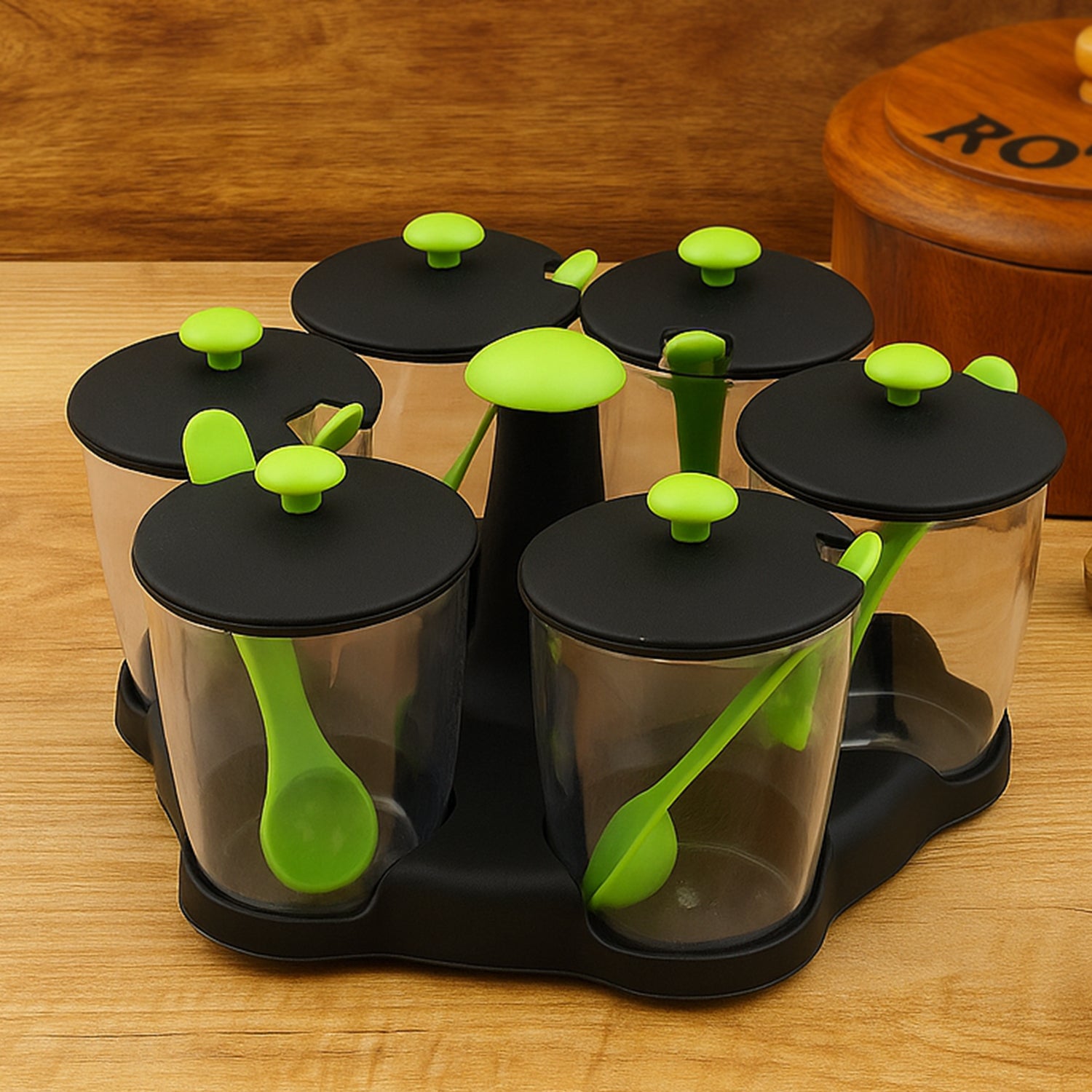 Multipurpose 6 Piece Miracle Revolving Plastic Spice Container Rack With 6 Spoon, Condiment Set, Masala Rack Set, Revolving Spice Rack Aachar Container Chutney Mukhwas Tray Masala Dining Spice Stand - Image 1