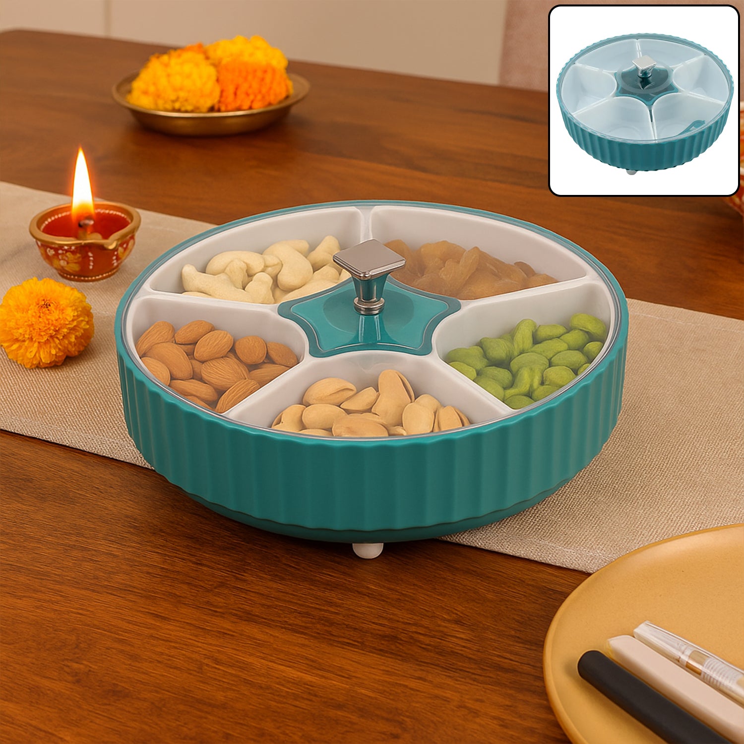 5811_revolving_spice_box.jpg Dry Fruit & Snack Organizer: 360° Revolving Box (7 Compartments, Airtight) - Image 1