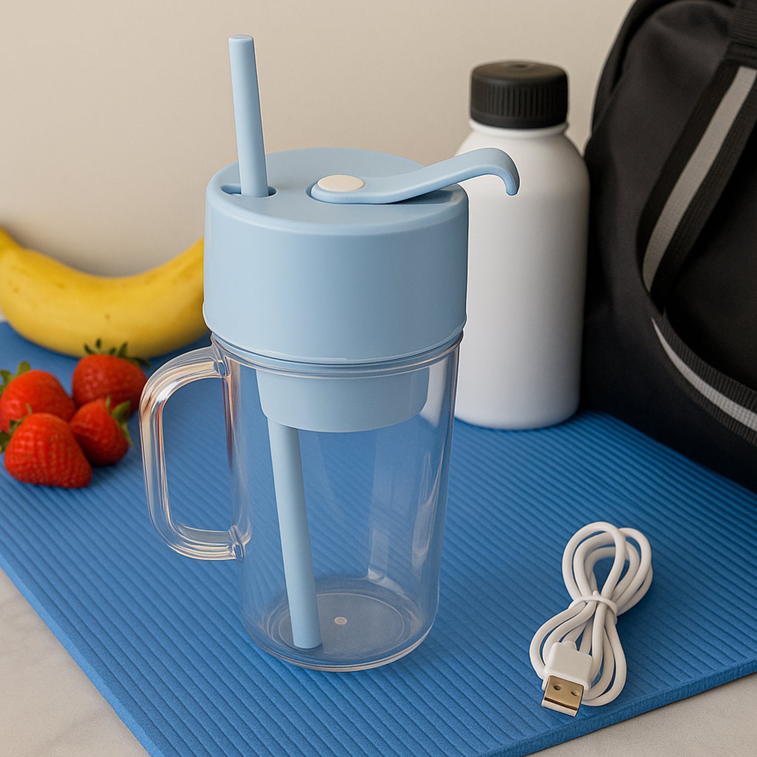 5841_juicer_with_handle_340ml.jpg 2 In1 Portable Crusher Juicer With Handle & Straw for Smoothie Sipper USB Rechargeable (340 ml) 6 Stainless Steel Blades Compact Juicer Mixer, Juicer Portable Fresh Juice Blender Portable Electric Juicer ( 340 ML ) - Image 1