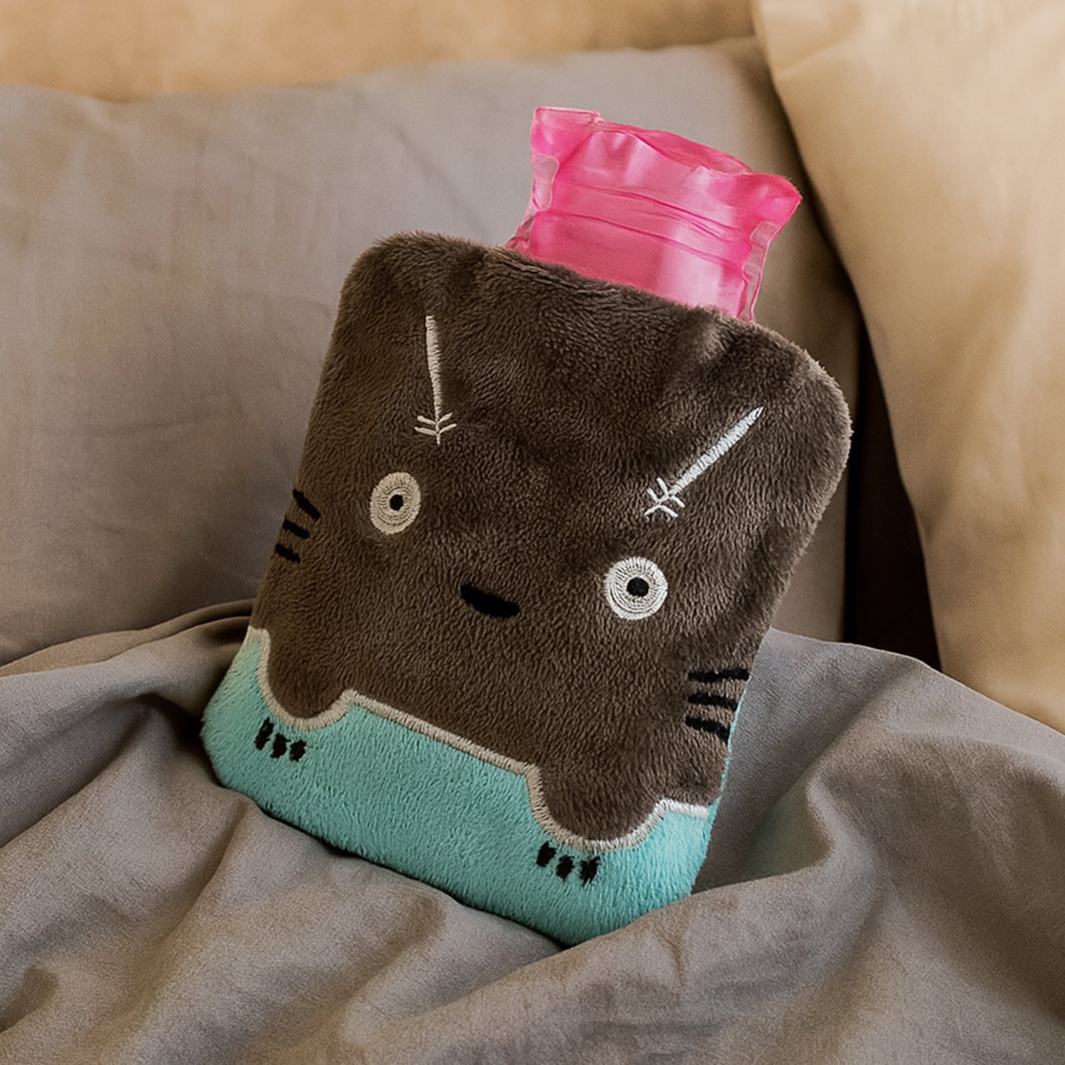6528.jpg Grey Cat Print Small Hot Water Bag with Cover for Pain Relief - Image 1