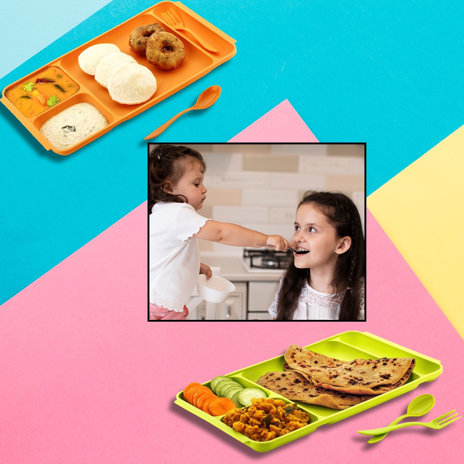 7_97284e7c-a87d-4d7c-a876-f7a3ee5665e6.jpg 4-Compartment Plastic Dish Set with Spoon & Fork – Versatile Dinner & Pav Bhaji Plate - Image 1