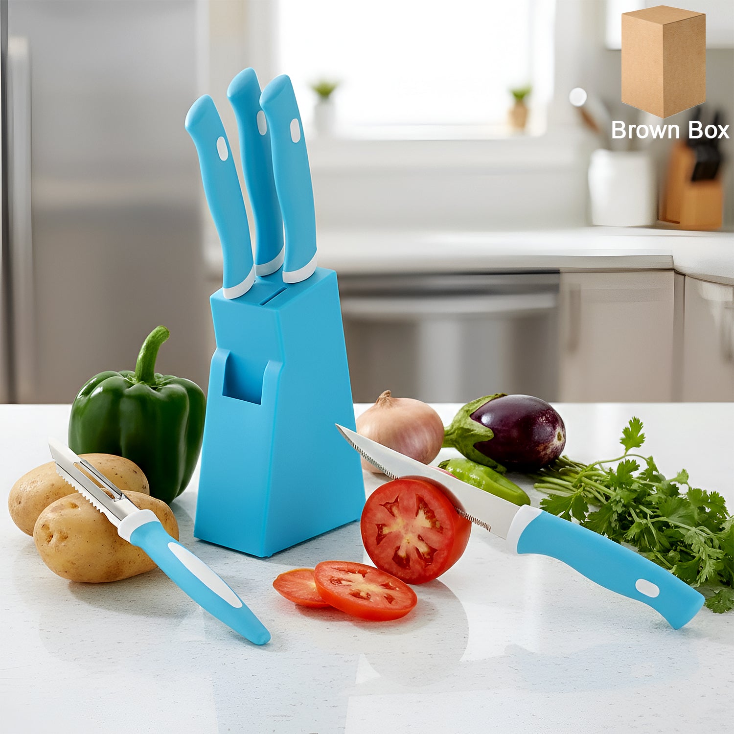Knife-Set-01.jpg Stainless Steel Knife & Peeler Set with Stand - 6 Pcs - Image 1