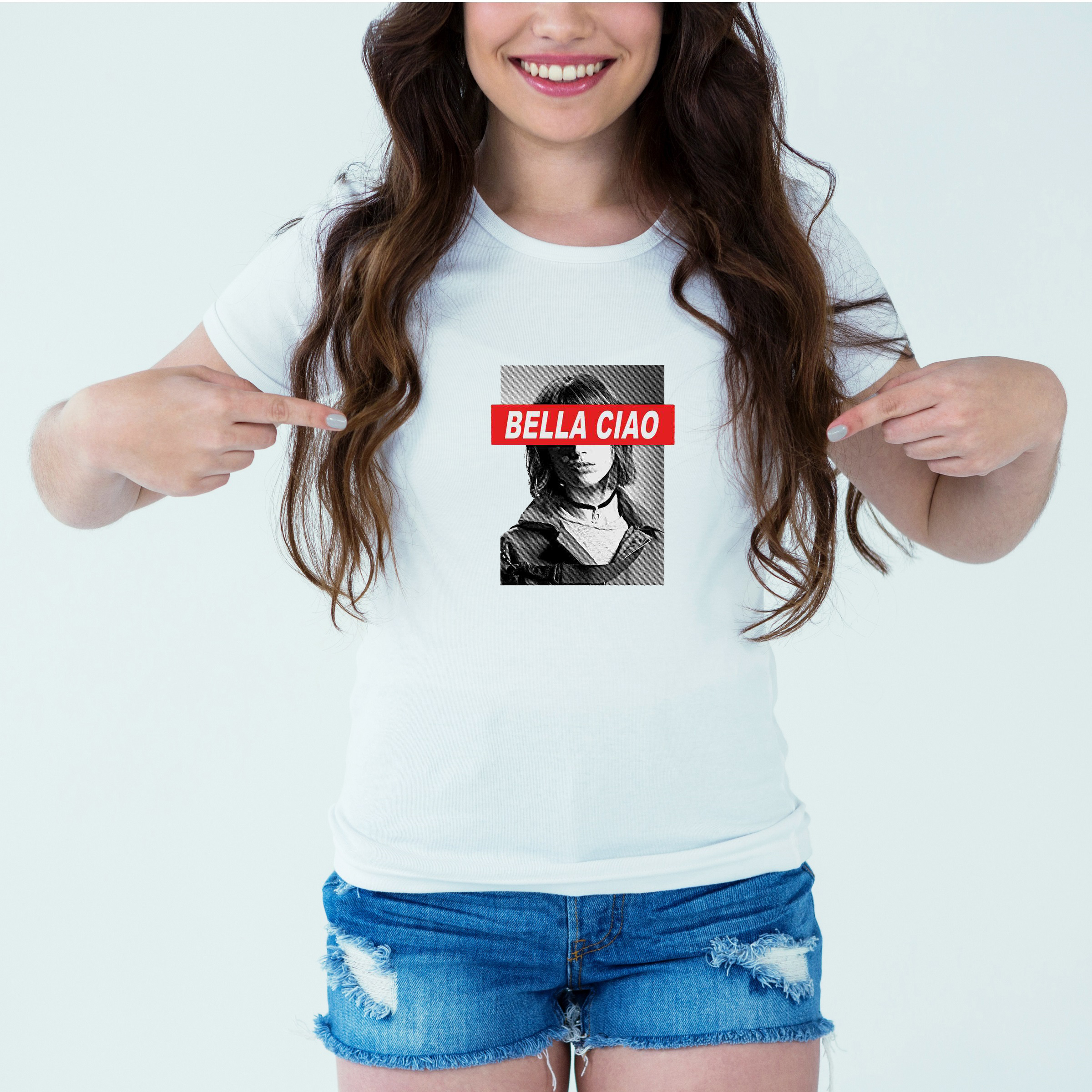 Mockup-Girl-bellaciao.jpg Designer Printed T-Shirt :: Design type - Bella Ciao - Cloth type : Polyester - Image 1
