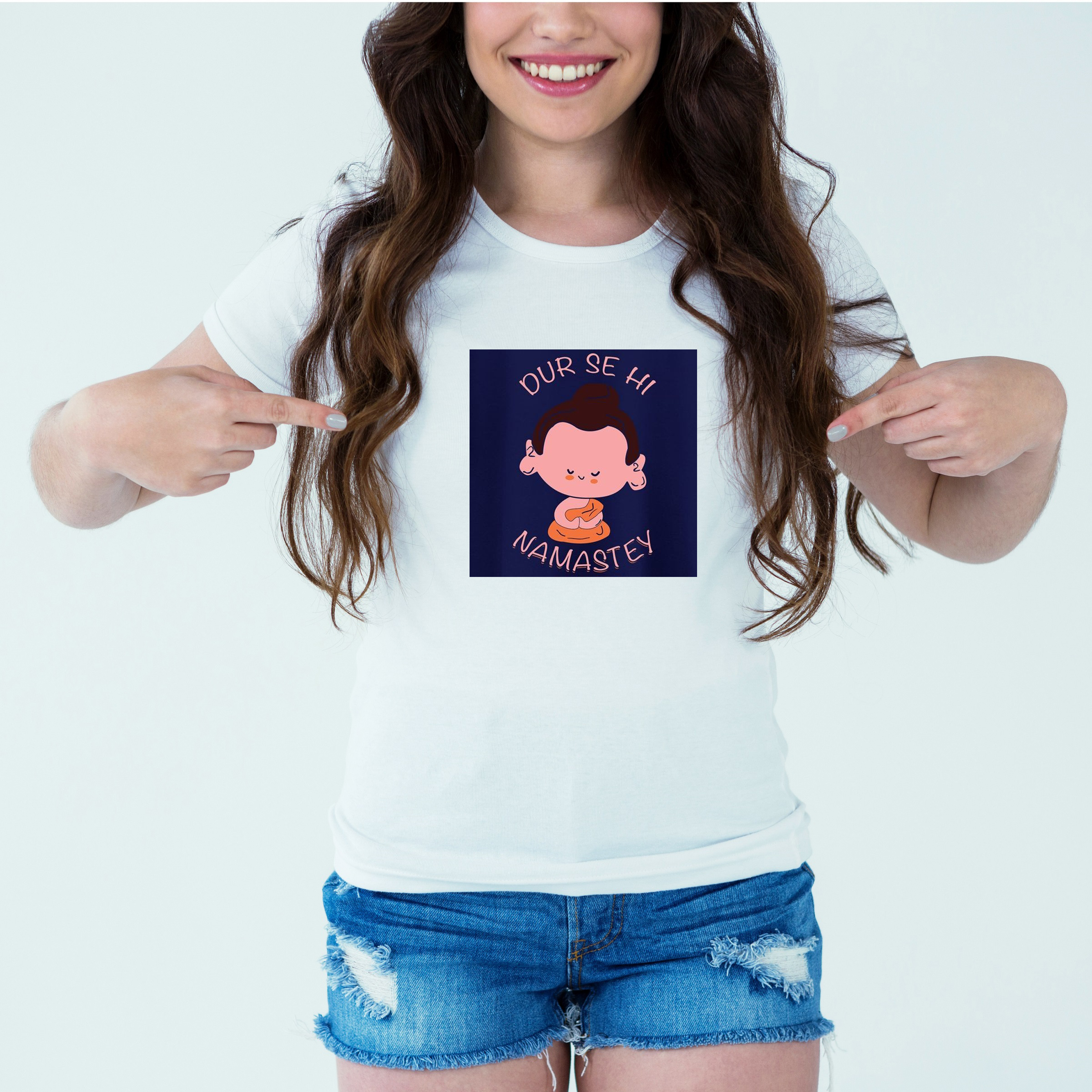 Mockup-Girl-doorsehinamastey.jpg Designer Printed T-Shirt :: Design type - Door Se Hi Namastey - Cloth type : Polyester - Image 1