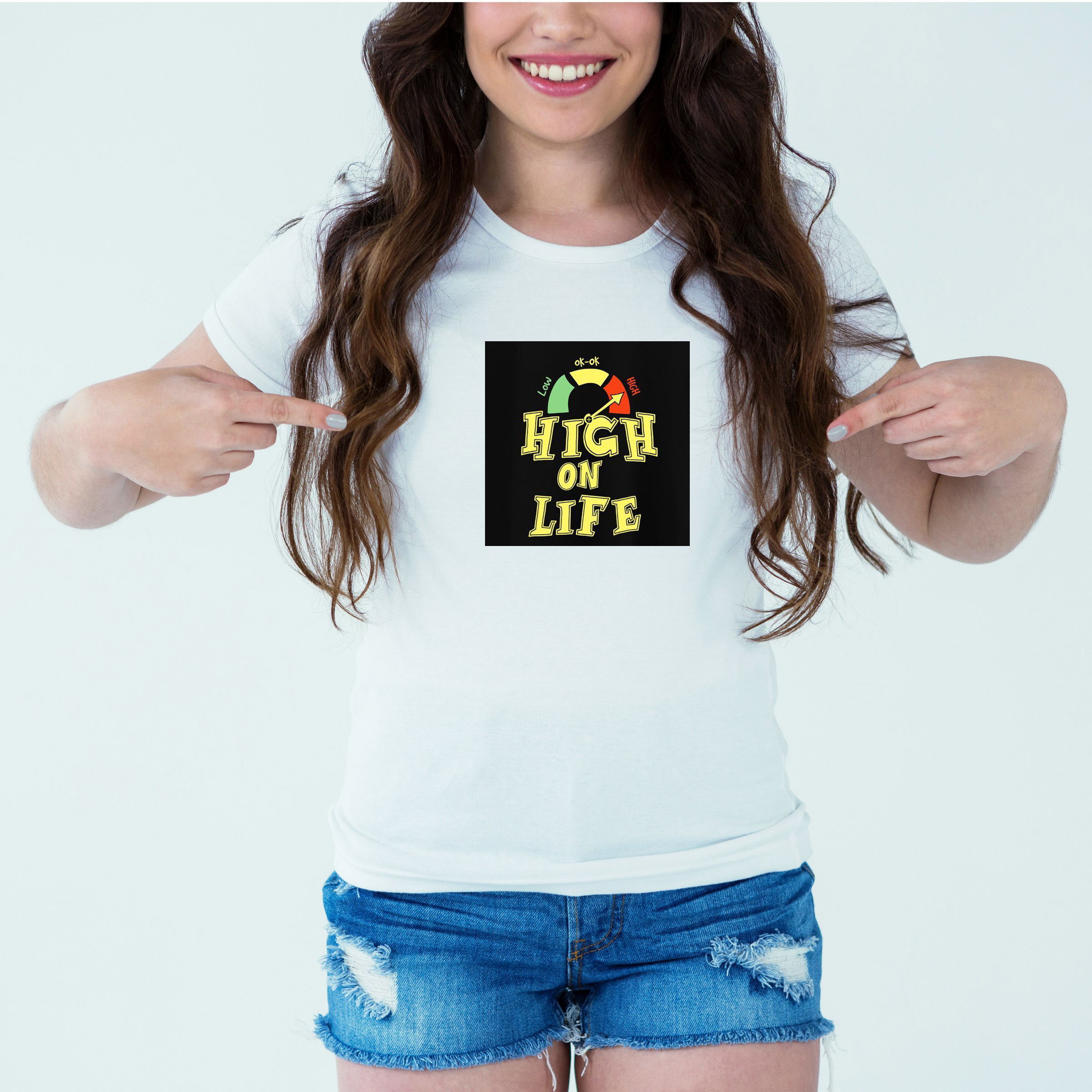 Mockup-Girl-highonlife.jpg Designer Printed T-Shirt :: Design type - High On Life - Cloth type : Polyester - Image 1