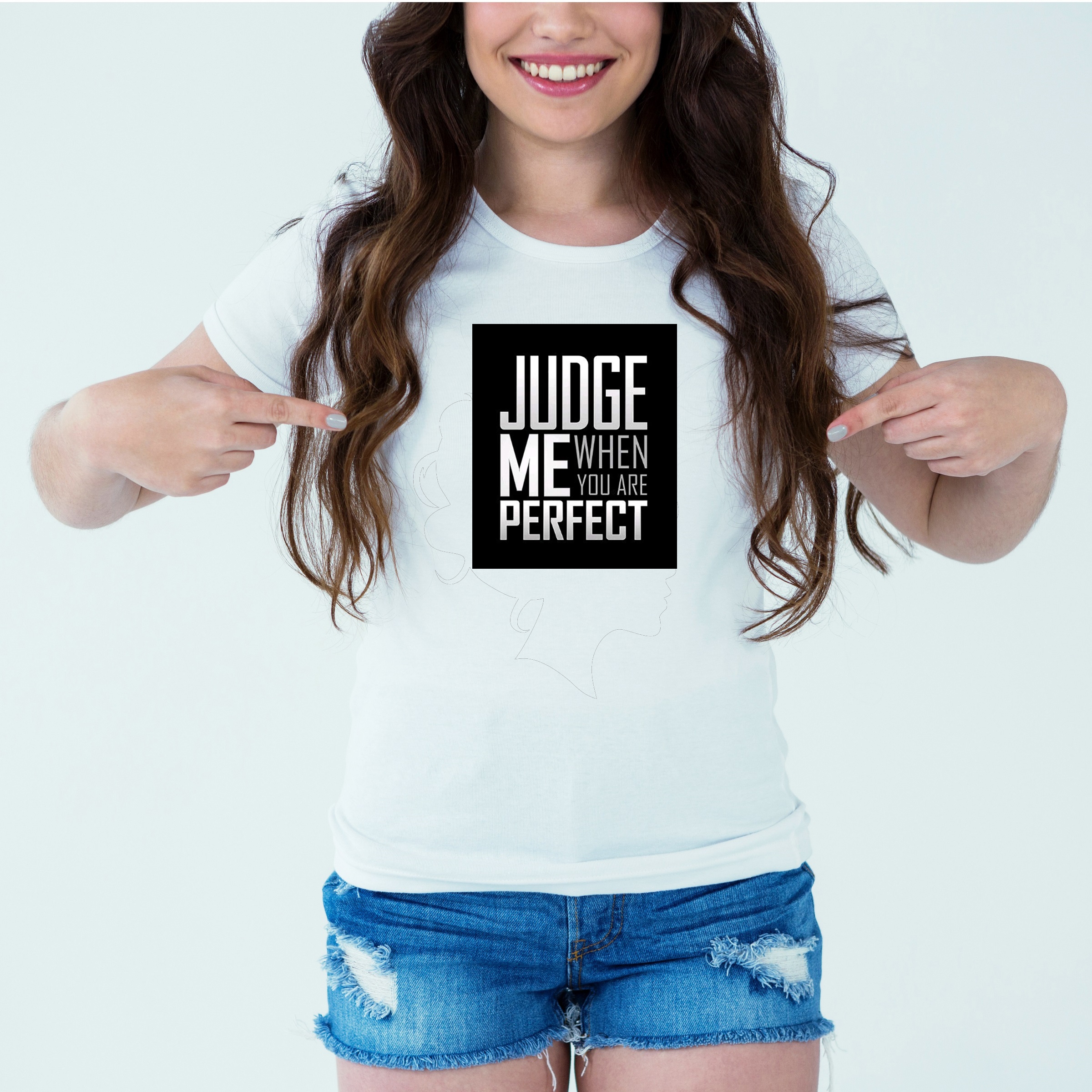 Mockup-Girl-judgemewhenyouareperfect.jpg Designer Printed T-Shirt :: Design type - Judge Me When You Are Perfect - Cloth type : Polyester - Image 1