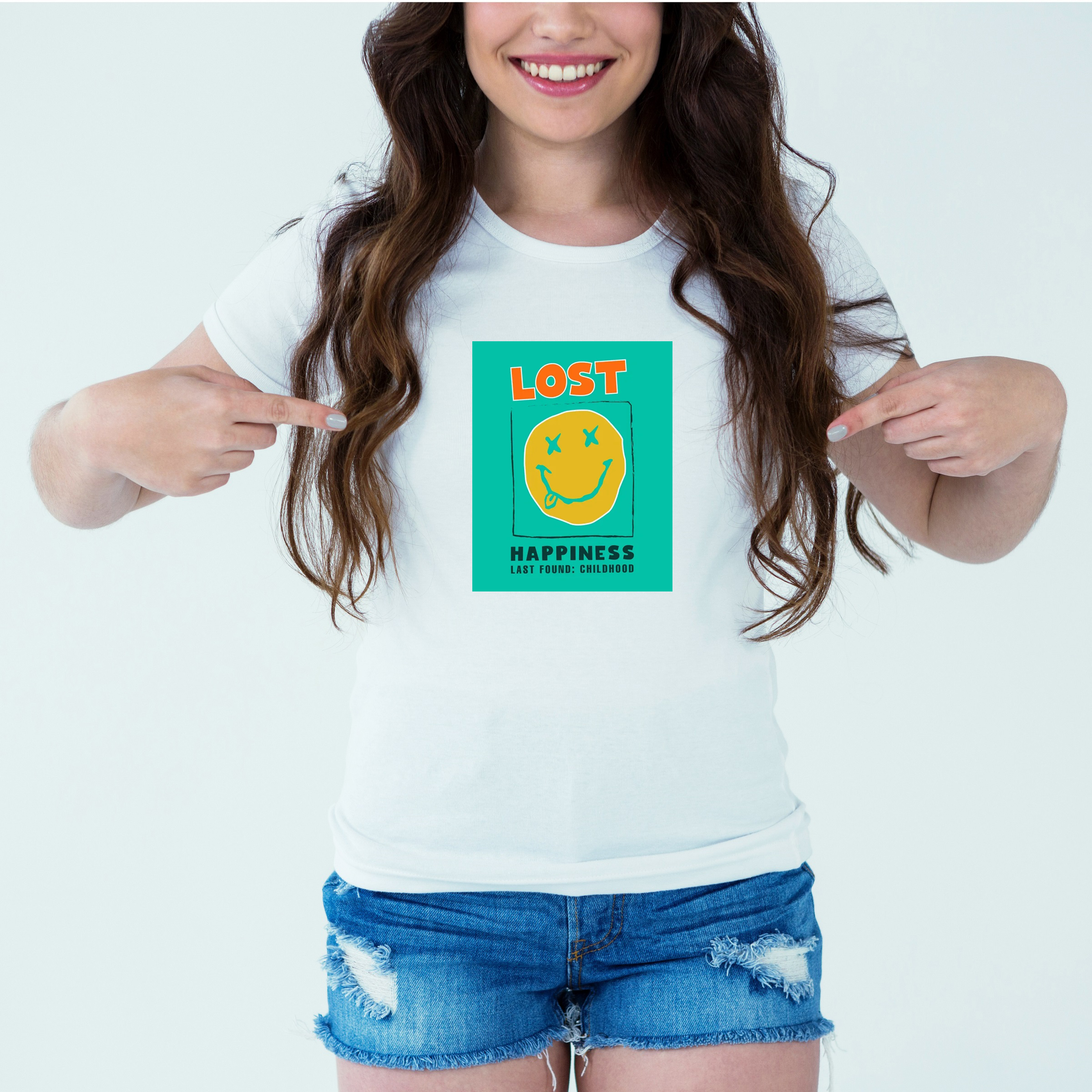 Mockup-Girl-losthappinesslastfounchildhood.jpg Designer Printed T-Shirt :: Design type - Lost Happiness - Last Found @ Childhood - Cloth type : Cotton - Image 1