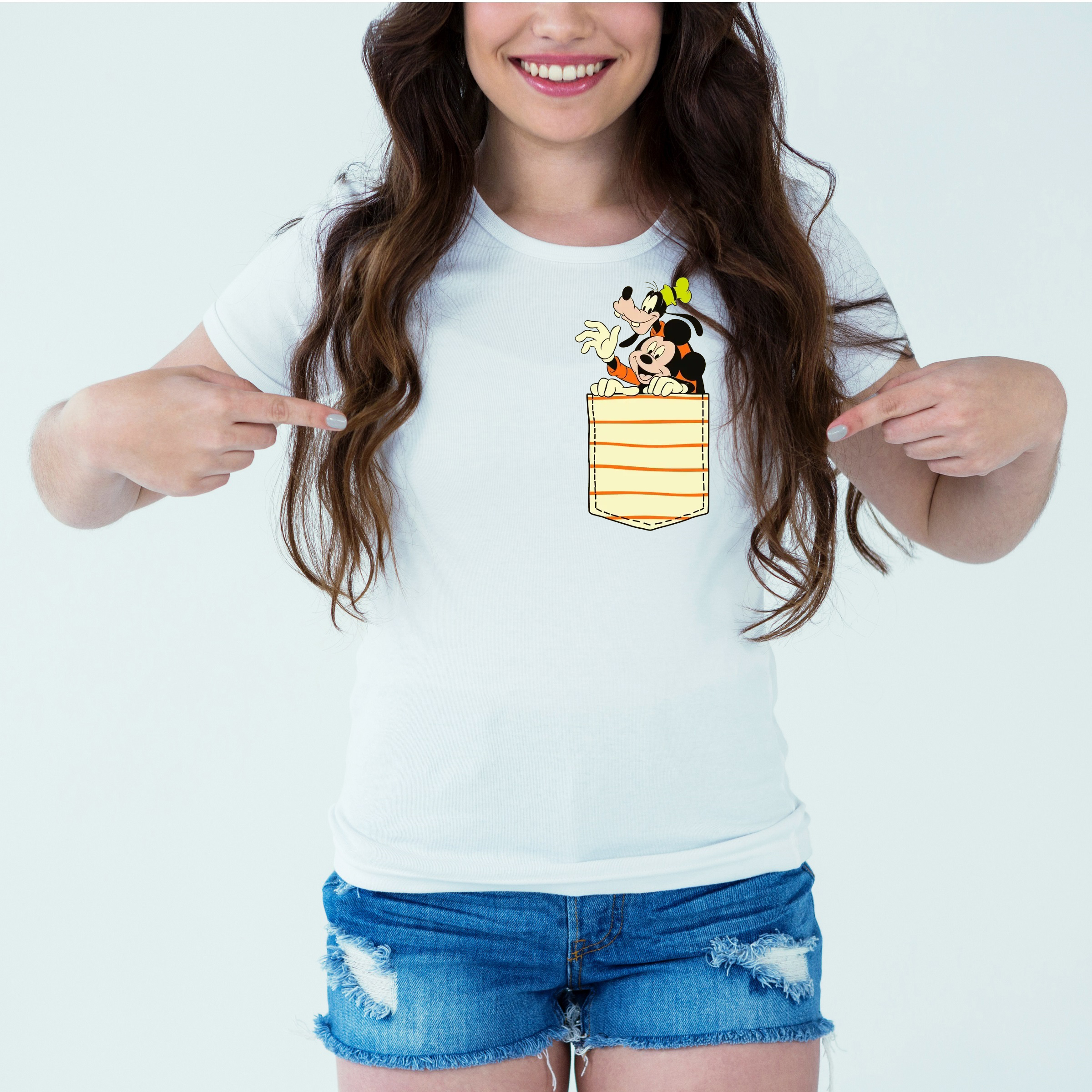 Mockup-Girl-mickymouseinpocket.jpg Designer Printed T-Shirt :: Design type - Micky Mouse In Pocket - Cloth type : Cotton - Image 1