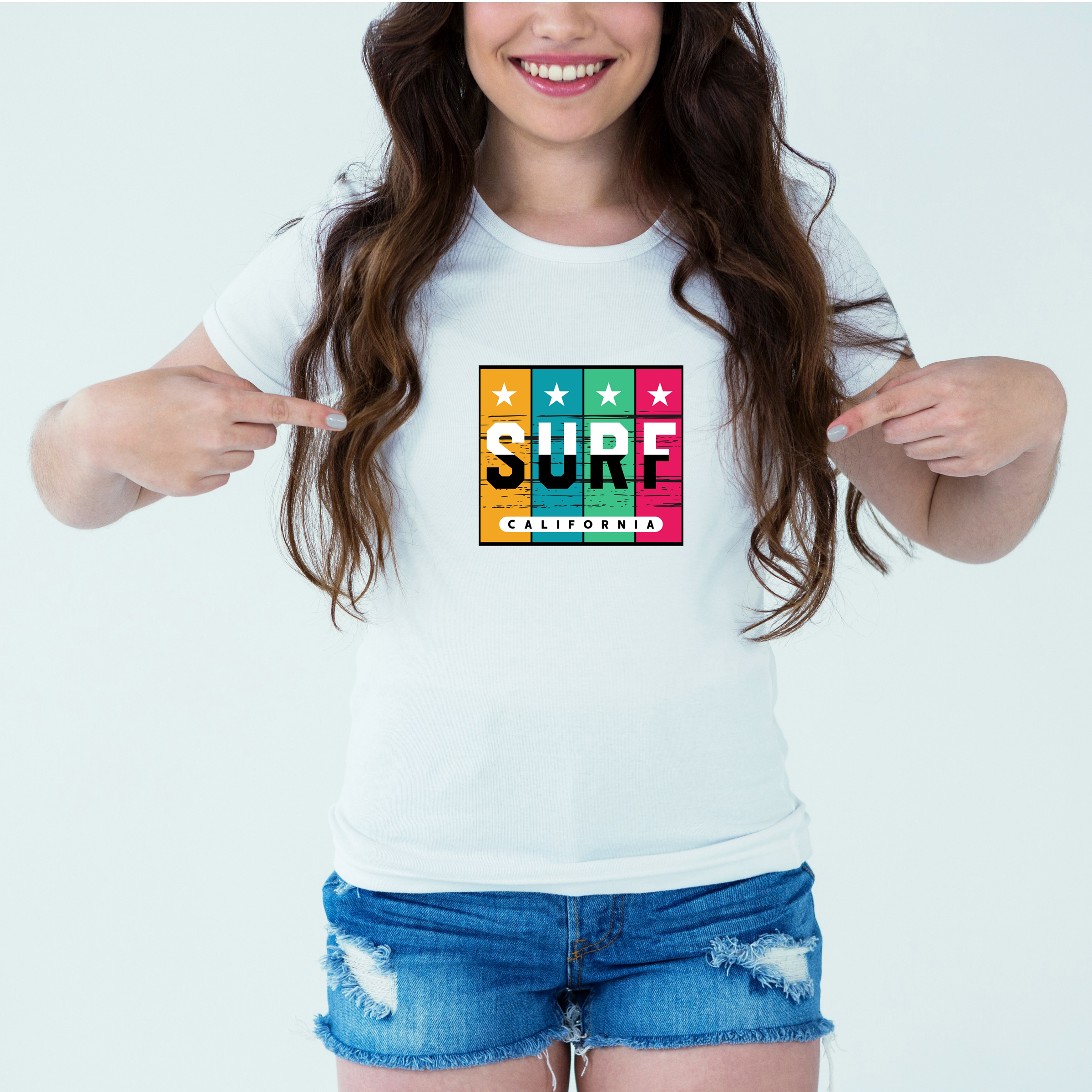 Mockup-Girl-surfcalifornia.jpg Designer Printed T-Shirt :: Design type - Surf California - Cloth type : DOT-KNIT - Image 1