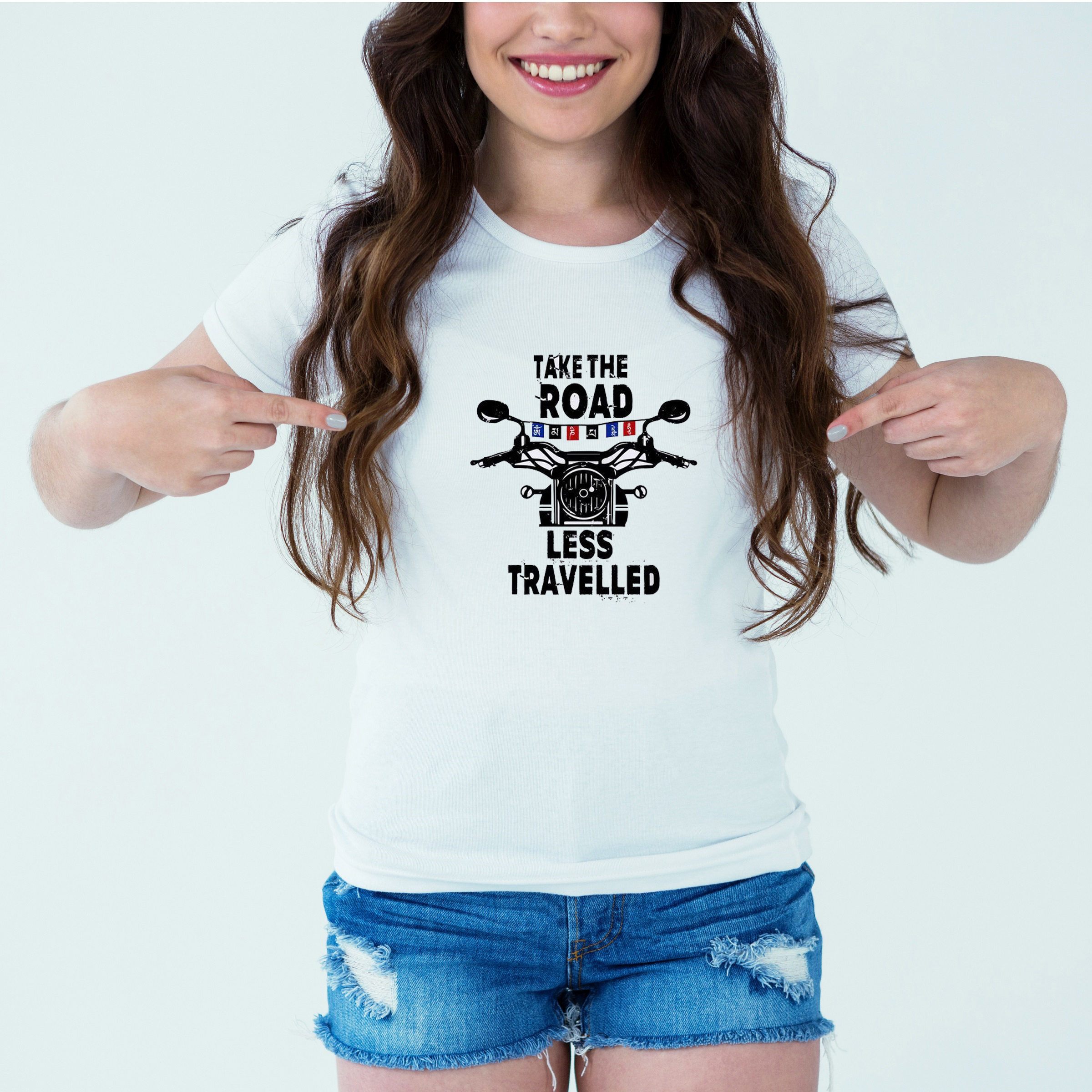 Mockup-Girl-taketheroadlesstravelled.jpg Designer Printed T-Shirt :: Design type - Take The Road Less Travelled - Cloth type : Cotton - Image 1