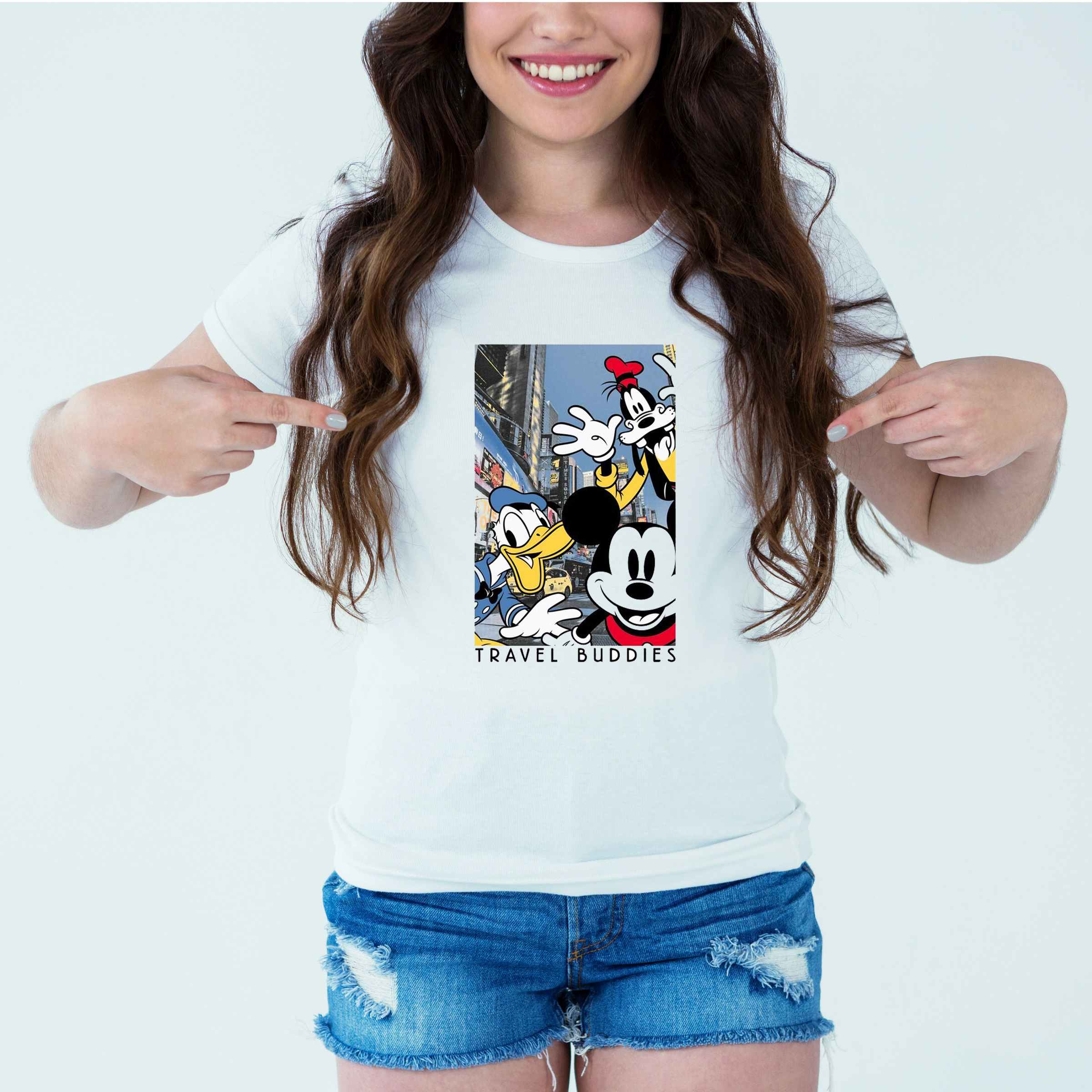Mockup-Girl-travelbuddies.jpg Designer Printed T-Shirt :: Design type - Travel Buddies - Cloth type : DOT-KNIT - Image 1